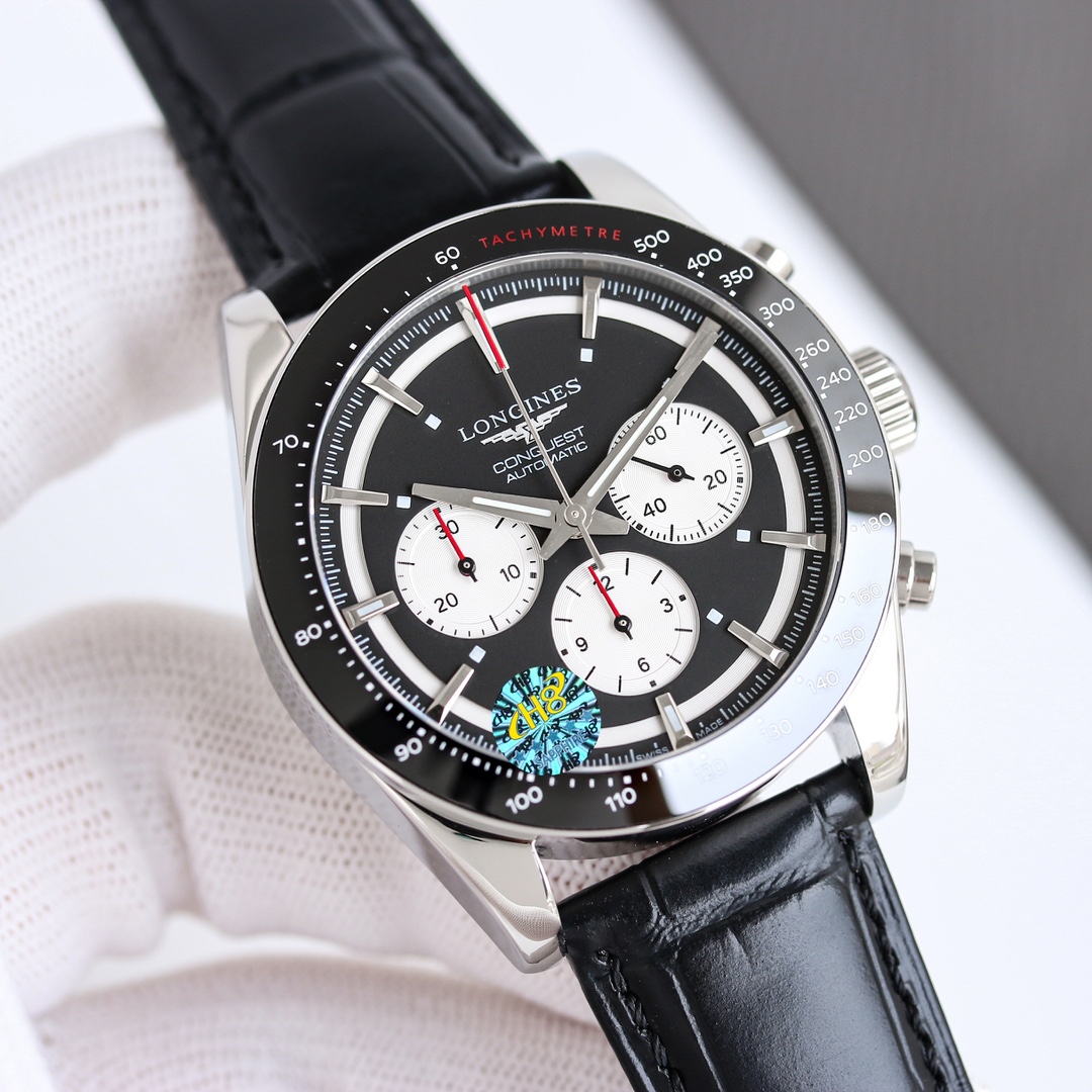 Longines Conquest Classic Chronograph Automatic stainless steel case, black tachymeter bezel, white dial, black leather strap 41mm Men's Automatic