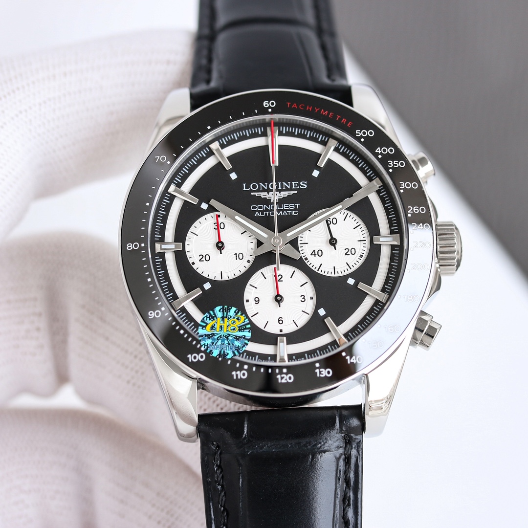 Longines Conquest Classic Chronograph Automatic stainless steel case, black tachymeter bezel, white dial, black leather strap 41mm Men's Automatic