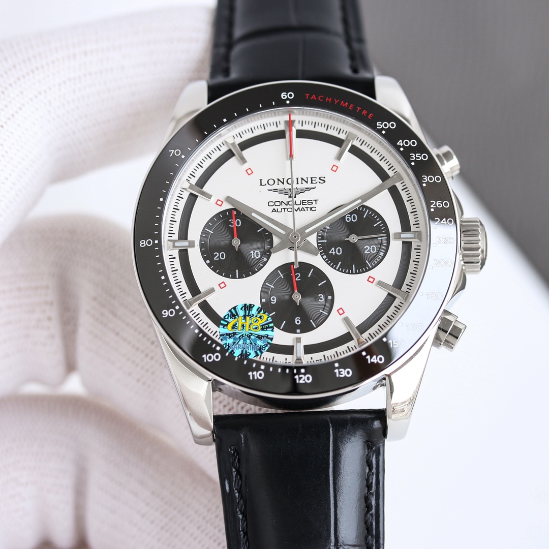 Longines Conquest Classic Chronograph Automatic stainless steel case, black tachymeter bezel, white dial, black leather strap 41mm Men's Automatic