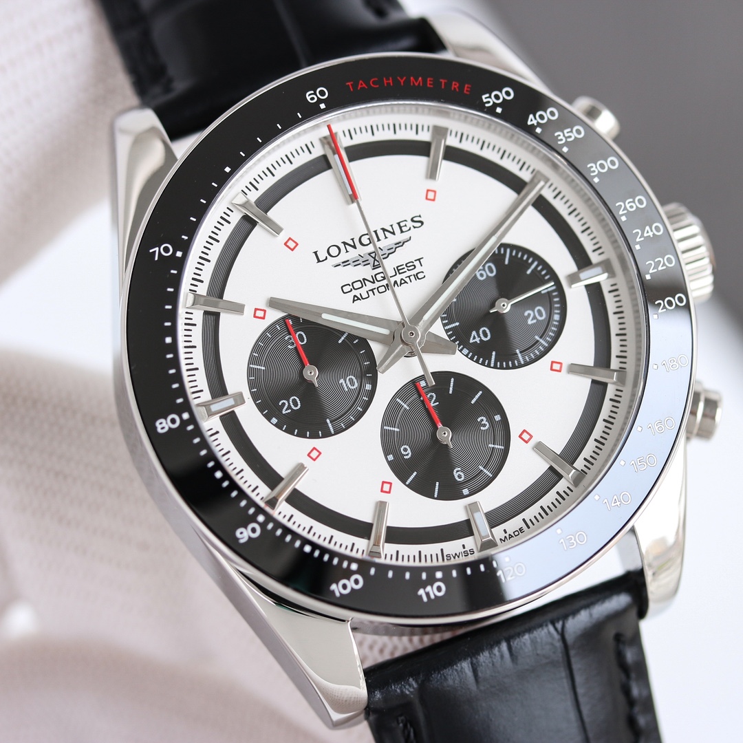 Longines Conquest Classic Chronograph Automatic stainless steel case, black tachymeter bezel, white dial, black leather strap 41mm Men's Automatic