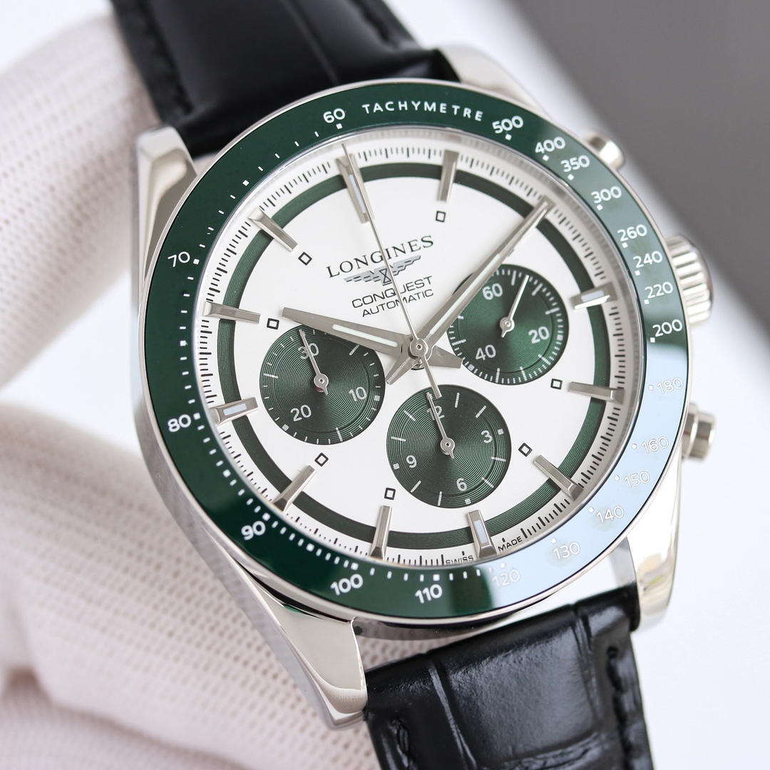 Longines Conquest Chronograph Automatic silver case, green bezel, white dial, black leather strap 42mm Men's Automatic
