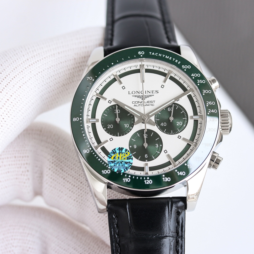 Longines Conquest Chronograph Automatic silver case, green bezel, white dial, black leather strap 42mm Men's Automatic