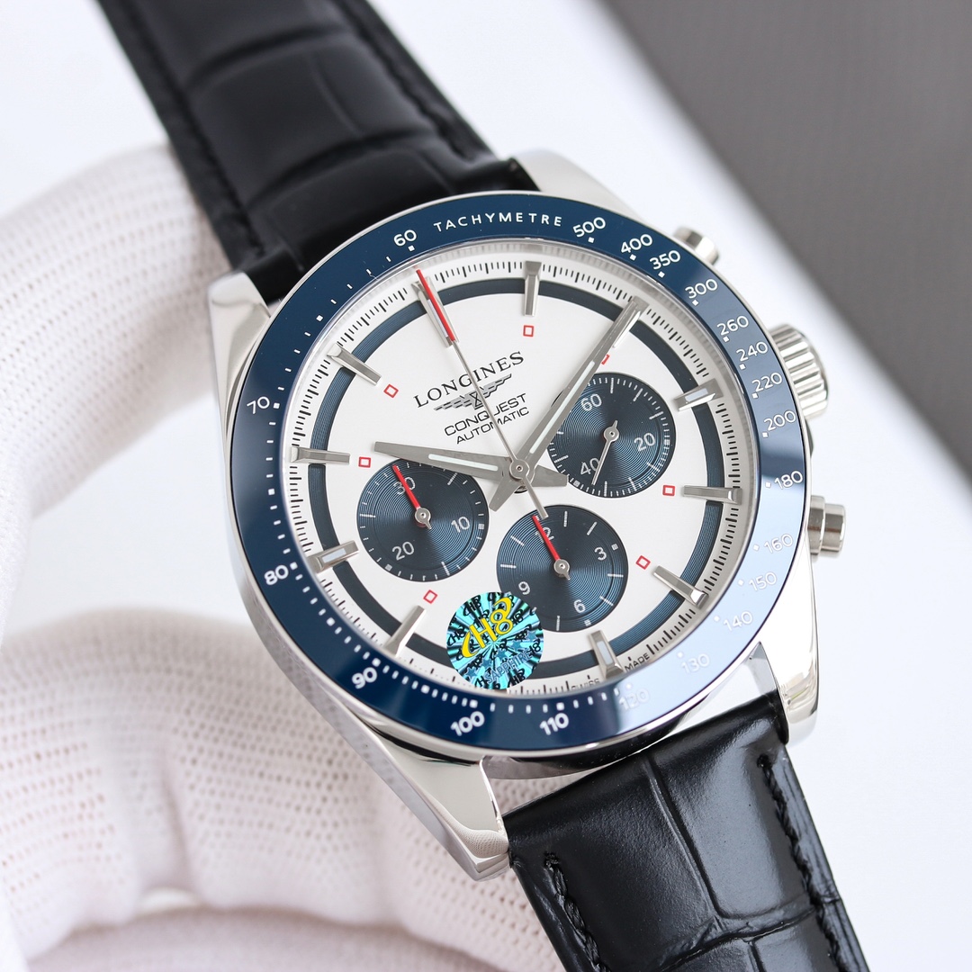 Longines Conquest Chronograph Automatic silver case, green bezel, white dial, black leather strap 42mm Men's Automatic