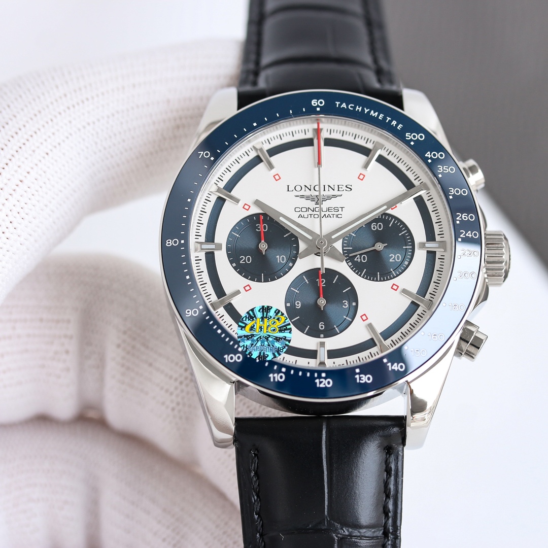Longines Conquest Chronograph Automatic silver case, green bezel, white dial, black leather strap 42mm Men's Automatic
