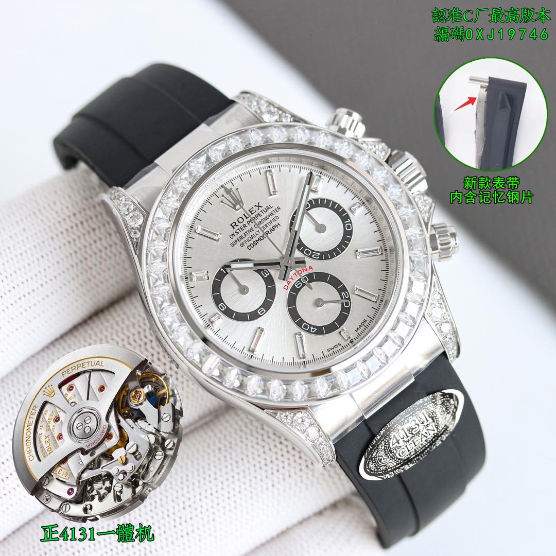 NO:150245,Gold Factory C New Product Factory C Products The absolute highest version, Ditona Zheng 4131 All-in-one Machine (Boutique Super A Version) The King of Cost-performance ratio, the most stable version of the market is launched this time. Accept the code: Factory C tape watch code, OXJ19746, Factory C watch steel tape watch code, OXJ26315 (thickness 11.9) The original version is consistent, and the latest label for Factory C's back cover!  Pair with the best steel tape in it!  New product Ditona series!  The entire series has ushered in a brand new change, with the following changes: 1 The scale time mark has become thinner 2 The chronograph is more elegant and slender 3 The crown logo is added at six o'clock 4 The ceramic ring has a new metal outer ring 5 The new case represents the ears with stronger curve effect 6 The movement has been upgraded from upgrade to 4131 C1 There are also new breakthroughs in the development of this new product, and it is finally perfectly released!  Full of details. This time, every spare parts are carefully reproduced and rewarded with the most perfect quality possible. 1. All colors of the dial are consistent with the original version, and there is no color difference!  Each time scale is finely cast and chamfered and polished, and platinum electroplating is used to ensure that it will not fade forever!  The font on the disk is clear and three-dimensional!  2. Factory C customized fine steel belt, top-quality wire drawing technology!  The tape is made of natural fluoroelastic tape, the tape is built-in memory steel sheet, and the raw ear holes are also equipped with anti-broken steel passes. 3. The needle is made of BUff factory high-end watch needle, plus platinum fine plating, no burrs. The three small second hand and large second hand are all solid needle shafts, and the needle cap is in the shape of a mushroom head. 4 The authentic ceramic ring mouth is filled with platinum electroplating through PVD technology. The font is the same as the original, and the overall quality of the original is restored!  5. The metal seal logo of the AU. Dog head logo on the back is clearly visible. 6. This time, Dandong 4131 movement is precisely because of its extremely stable performance, and its power reserve can reach a real 72 hours. Factory C is produced just to eliminate the fake!  Welcome watch friends to choose and taste. Please identify the latest labels for factory C back cover, quality assurance, hats19860909金 C厂 新 品  C厂出品绝对最高版本, 迪通拿正4131一体机（精品超A版本） 性价比之王,本次推出目前市场最稳定版本. 认准编码:C厂胶带款腕表编码,OXJ19746,C厂腕表钢带款腕表编码,OXJ26315（厚度11.9） 原版一致,认准C厂后盖最新标签！搭配最好的内含钢片胶带！ 新品迪通拿系列！整个系列迎来了全新的改变,具体有以下几点改变 1刻度时标变得更加纤细 2计时表盘更加优雅纤细 3 六点位增加皇冠标志 4陶瓷圈新增金属外圈 5表壳新一代表耳有更强的曲线效果 6机芯升级从升级为4131 C1 在本次新品研发也有了新突破,终于完美出炉！细节满满,这次岀品精心复刻每一个零配件,尽可能以最完美的品质回馈表友们. 1.表盘所有颜色均与原版一致,无色差！每个时标刻度都精抛倒角打磨的基础上采用铂金电镀做到永久不退色！ 盘面字体清晰分明立体感十足！ 2. C厂订制精钢钢带,顶级拉丝艺！胶带采用天然氟橡胶胶带,胶带内置记忆钢片,生耳孔也加装防断钢通. 3.表针采用BUff工厂高端表针,再加上铂金精镀,无毛刺,三枚小秒针和大秒针均按用实心针轴,针帽呈蘑菇头状. 4正品同款陶瓷圈圈口,通过PVD技术铂金电镀填充,字体与原版一致,整体还原了原版品质！ 5表耳背部AU.狗头标金属钢印标识清晰可见. 6本次选择,丹东4131机芯正因为它的极其稳定性能,动力储能更能达到真正的72小时之久. C厂出品只为杜绝一眼假！欢迎表友选购,品鉴.认准C厂后盖最新标签,品质保证,,hats,Watch