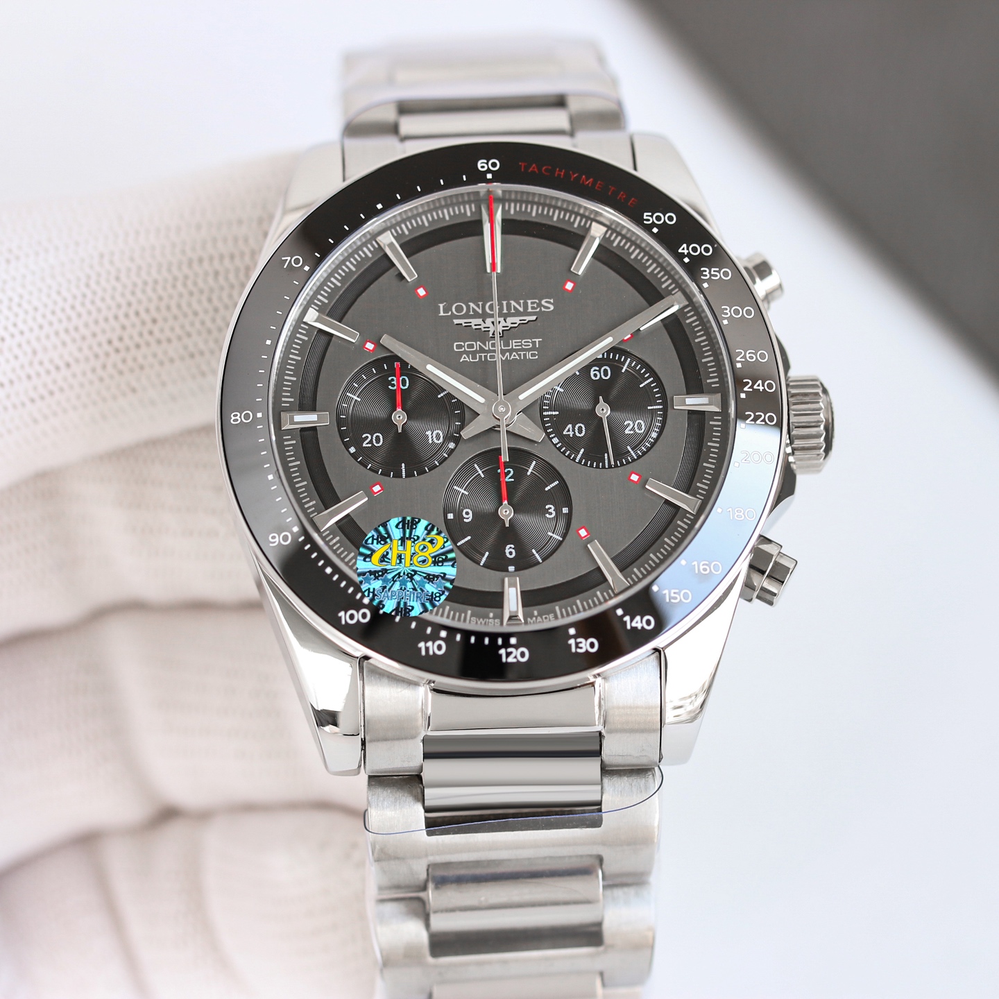 Longines Conquest Chronograph Automatic silver steel case and bracelet, black bezel, black dial 42mm Men's Automatic