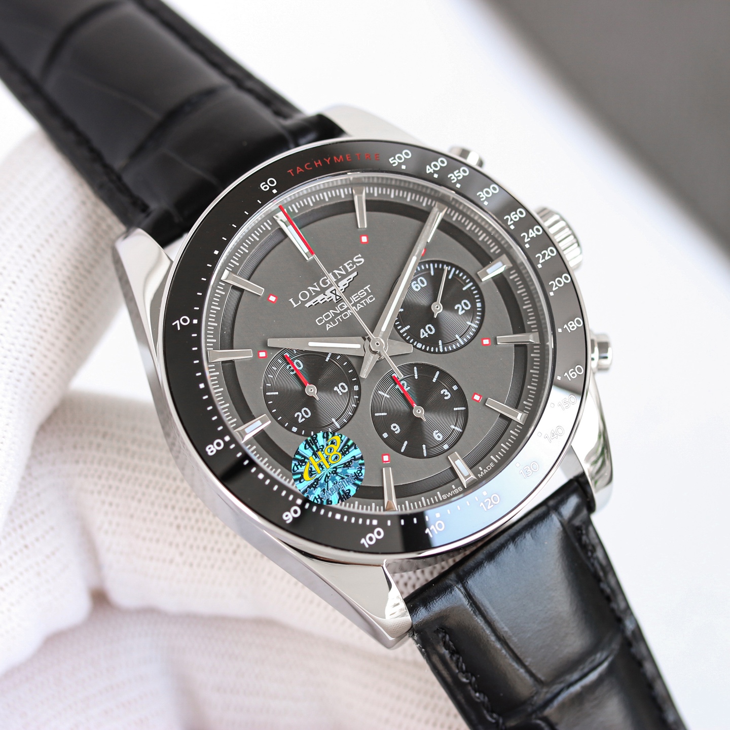 Longines Conquest Chronograph Automatic silver steel case and bracelet, black bezel, black dial 42mm Men's Automatic