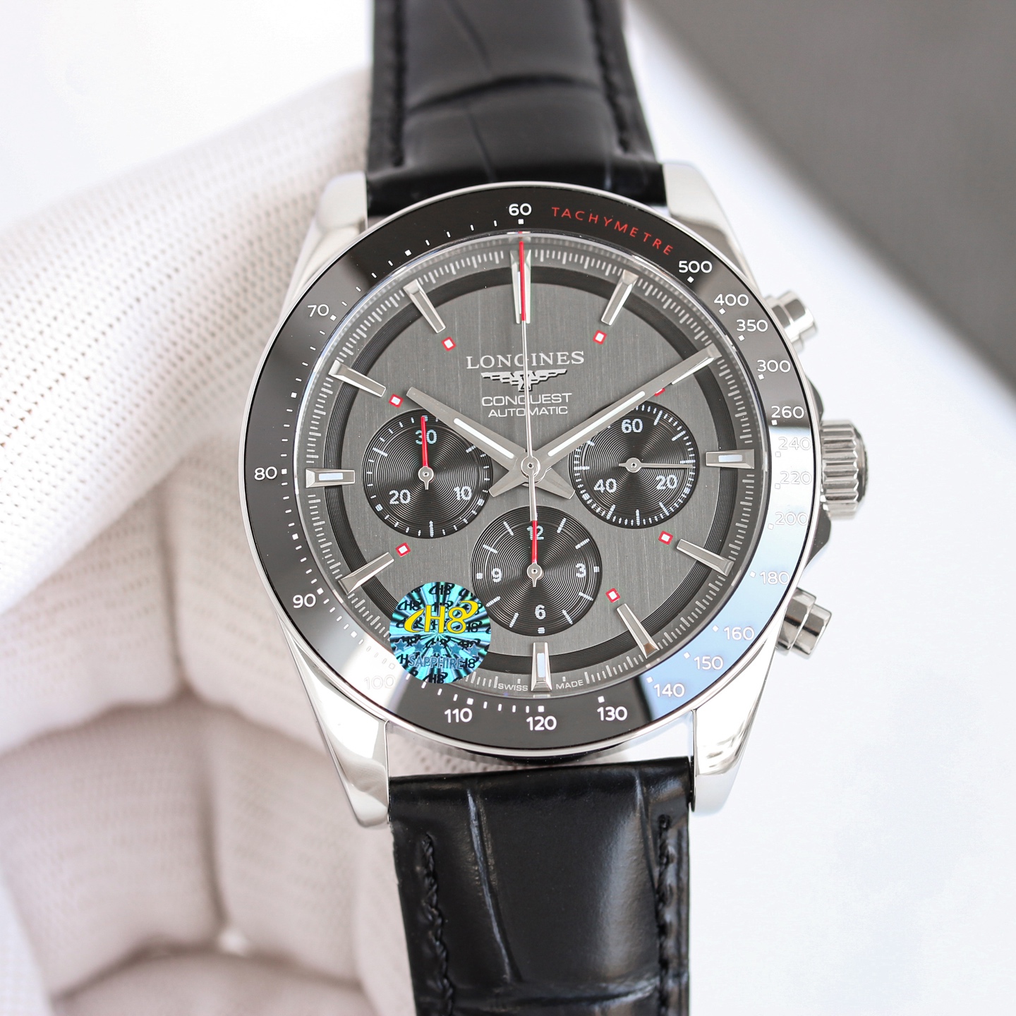 Longines Conquest Chronograph Automatic silver steel case and bracelet, black bezel, black dial 42mm Men's Automatic