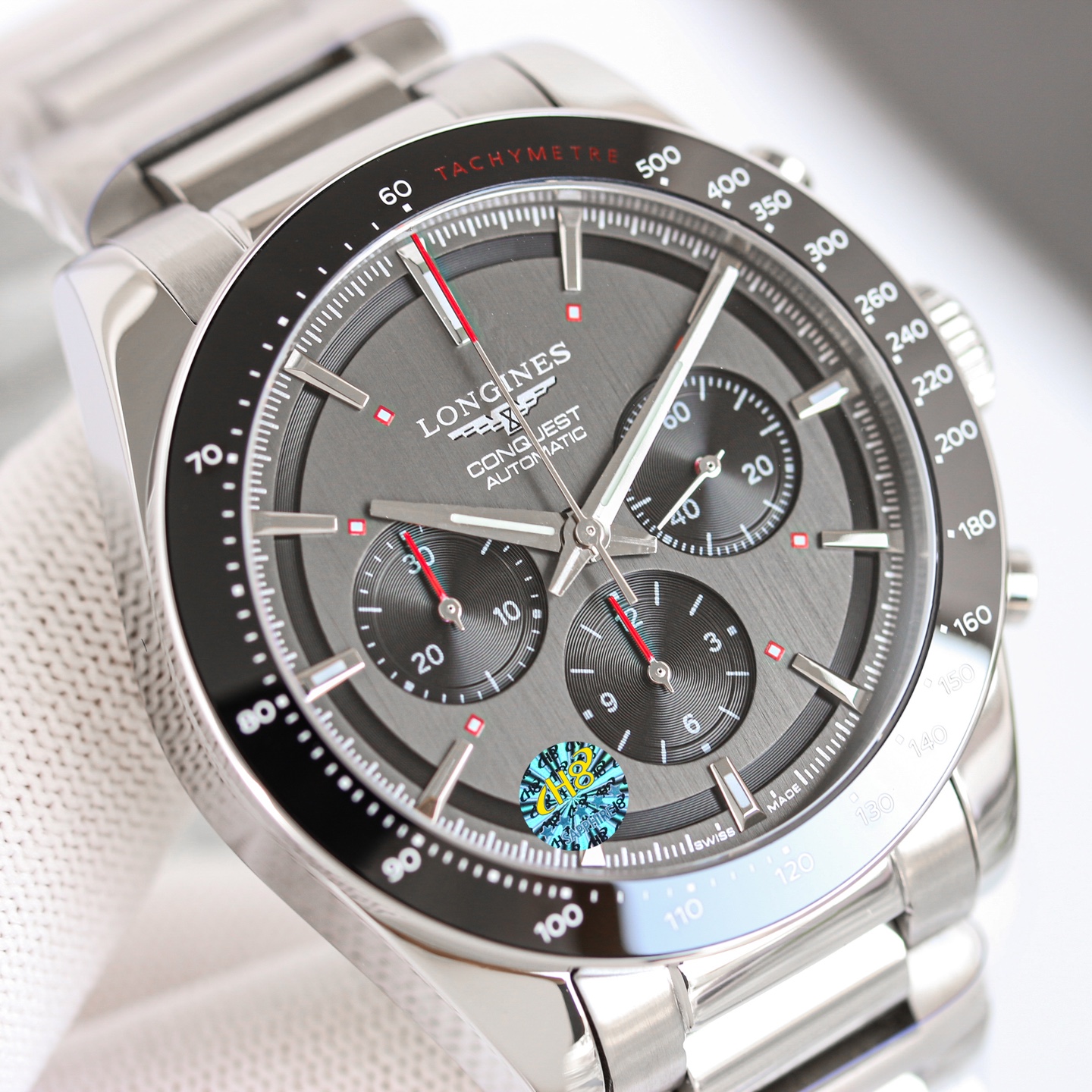 Longines Conquest Chronograph Automatic silver steel case and bracelet, black bezel, black dial 42mm Men's Automatic