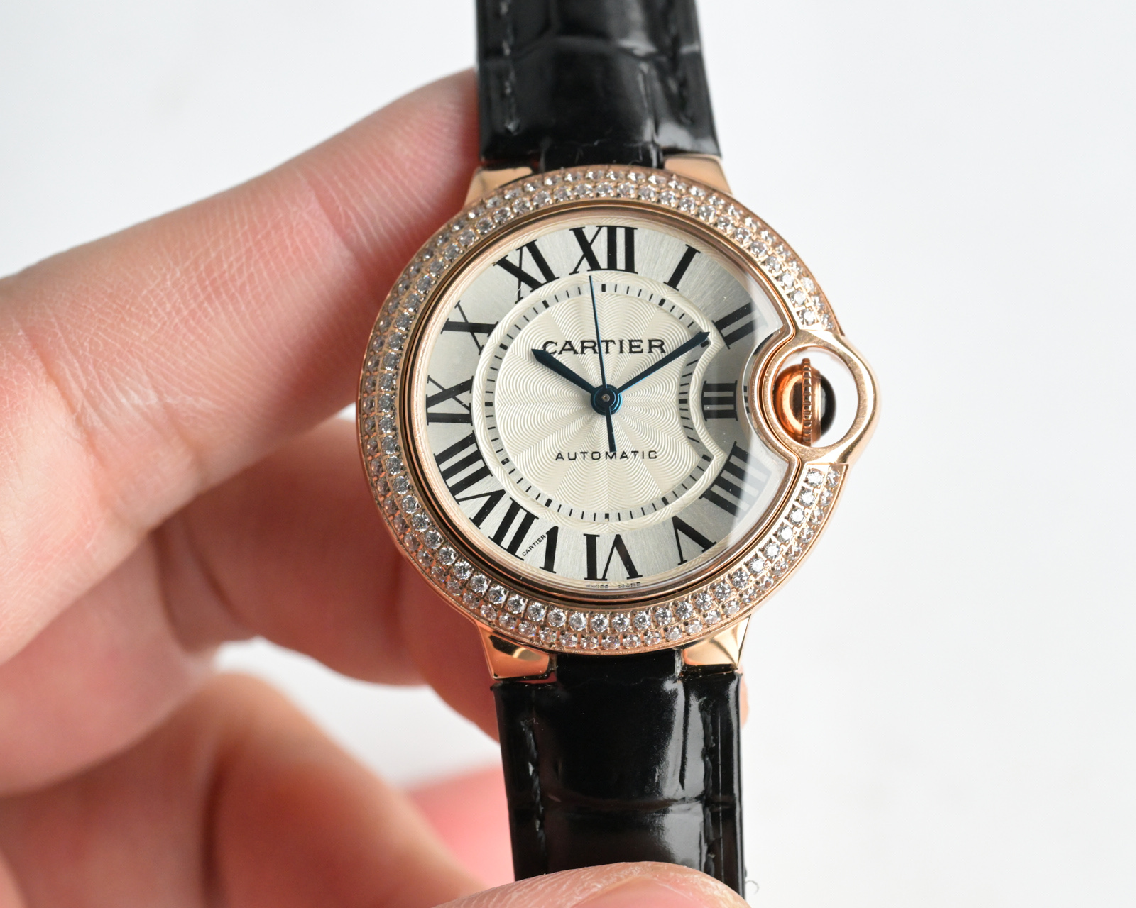 Cartier Ballon Bleu de Cartier rose gold diamond-set case, silver guilloche dial, black leather strap 36mm Unisex Automatic