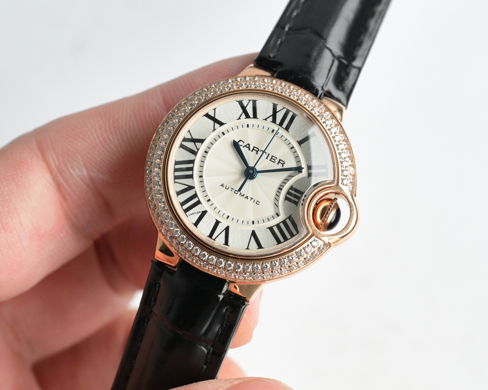 Cartier Ballon Bleu de Cartier rose gold diamond-set case, silver guilloche dial, black leather strap 36mm Unisex Automatic