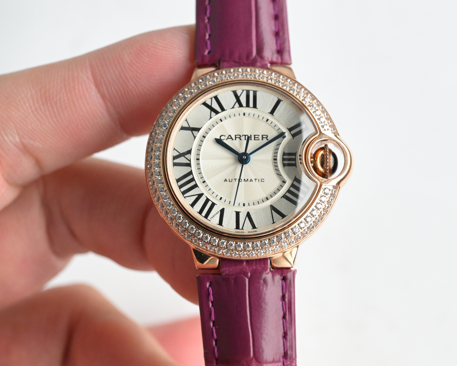 Cartier Ballon Bleu de Cartier rose gold diamond-set case, silver guilloche dial, black leather strap 36mm Unisex Automatic