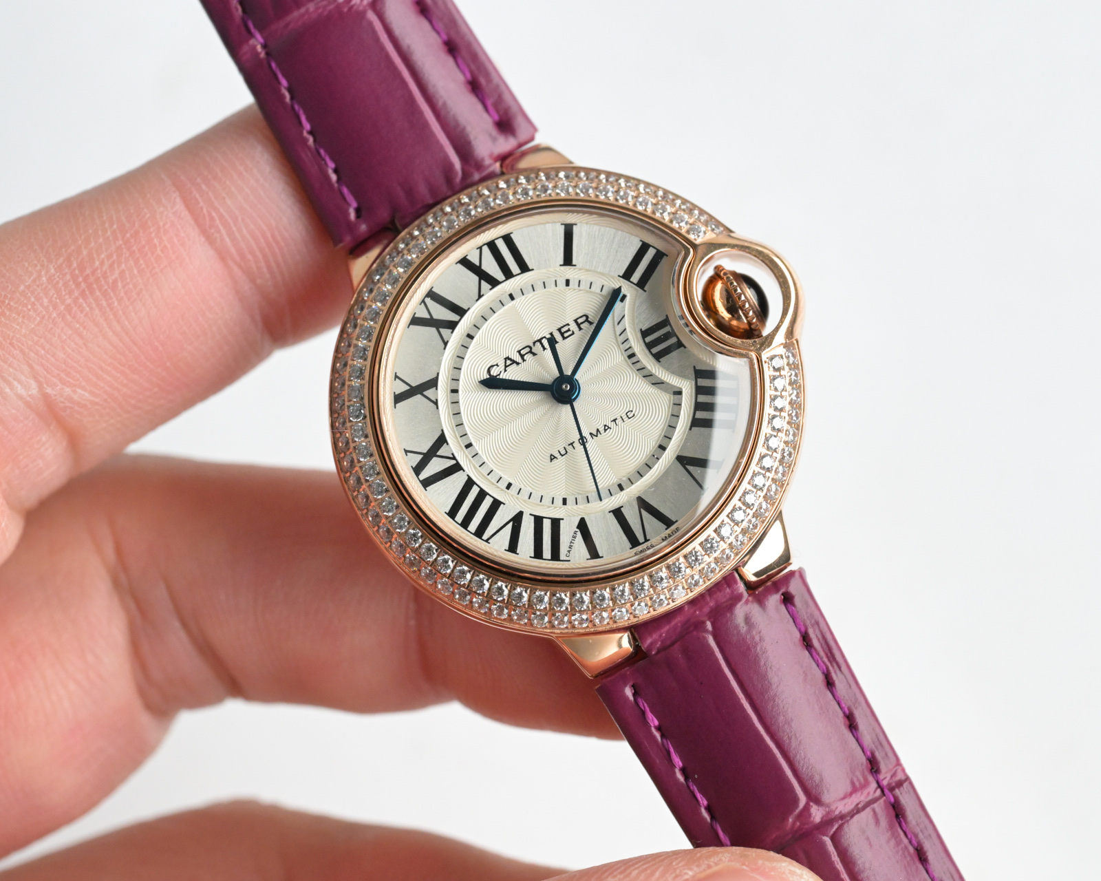 Cartier Ballon Bleu de Cartier rose gold diamond-set case, silver guilloche dial, black leather strap 36mm Unisex Automatic