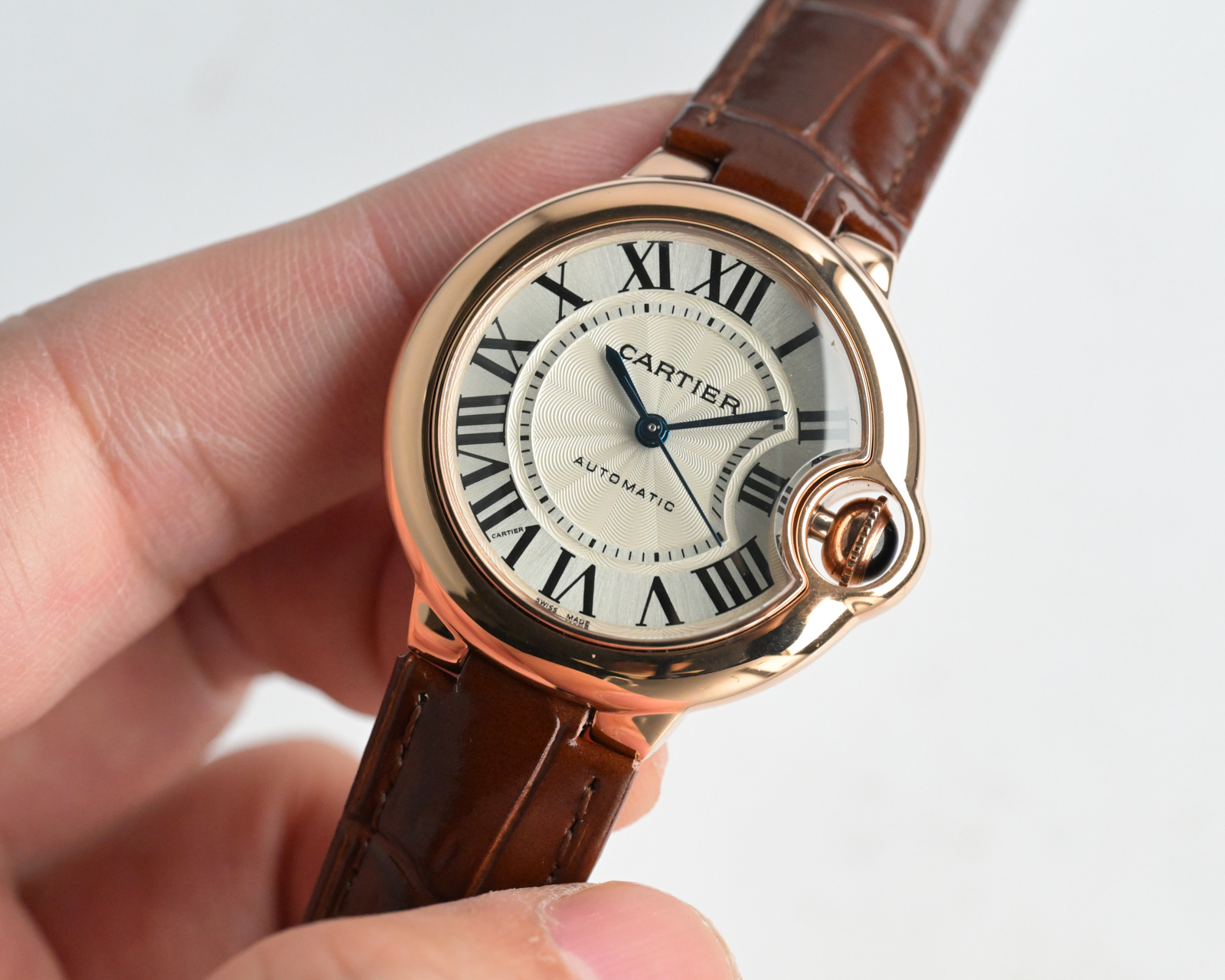 Cartier Ballon Bleu de Cartier rose gold case, silver guilloche dial, brown leather strap 36mm Unisex Automatic