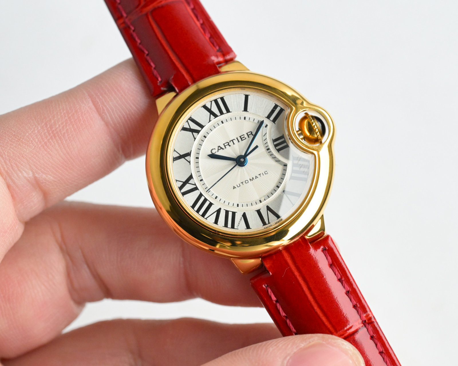 Cartier Ballon Bleu de Cartier rose gold case, silver guilloche dial, brown leather strap 36mm Unisex Automatic