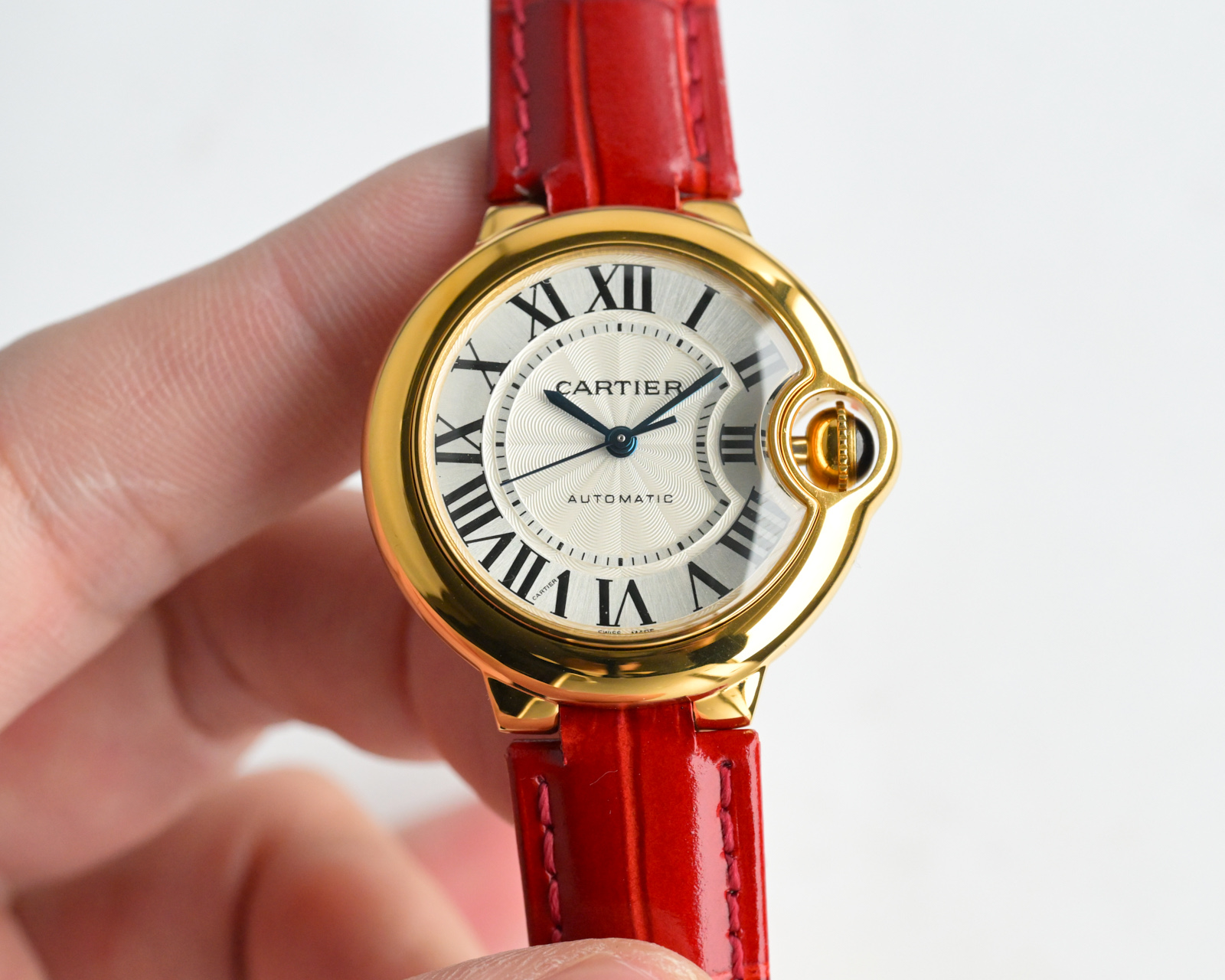 Cartier Ballon Bleu de Cartier rose gold case, silver guilloche dial, brown leather strap 36mm Unisex Automatic