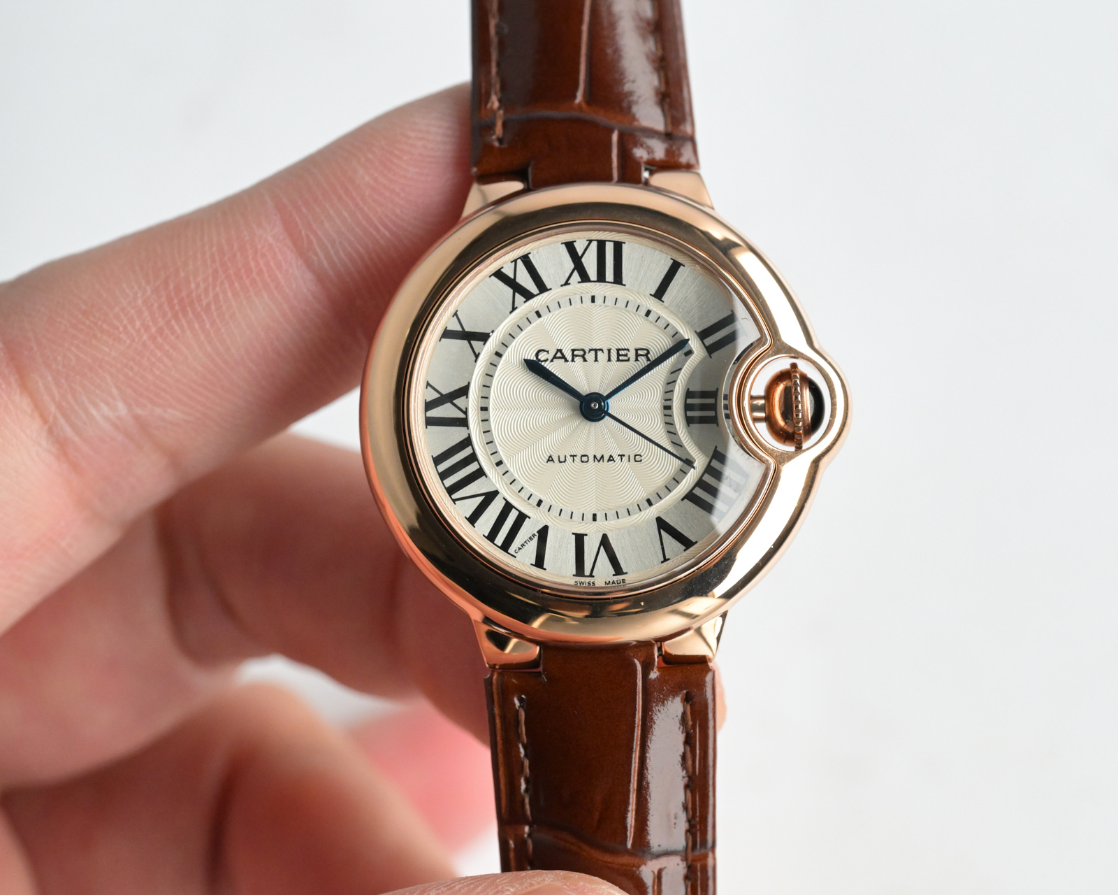 Cartier Ballon Bleu de Cartier rose gold case, silver guilloche dial, brown leather strap 36mm Unisex Automatic