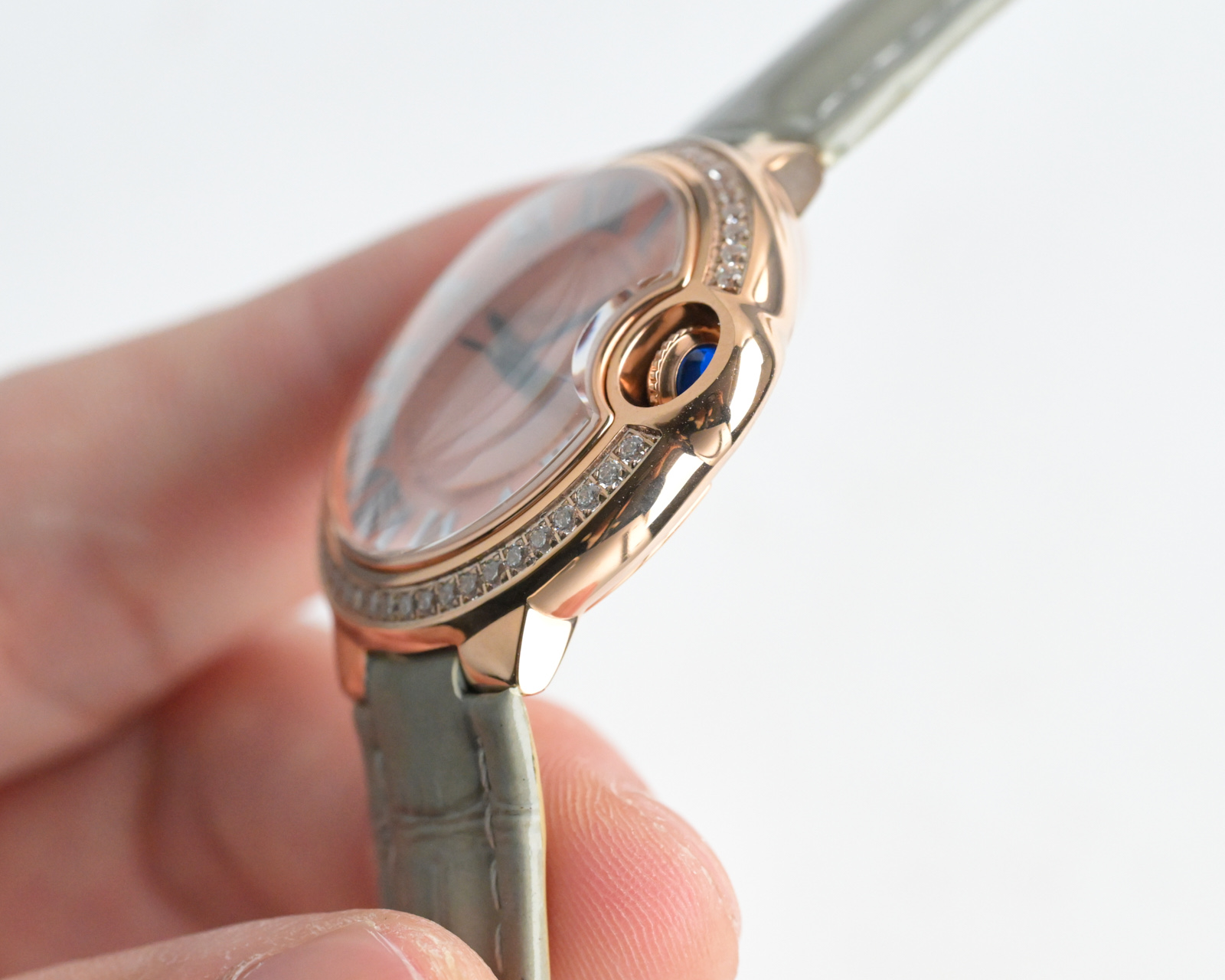 Cartier Ballon Bleu de Cartier rose gold case, diamond bezel, silver dial, red leather strap 33mm Women's Automatic