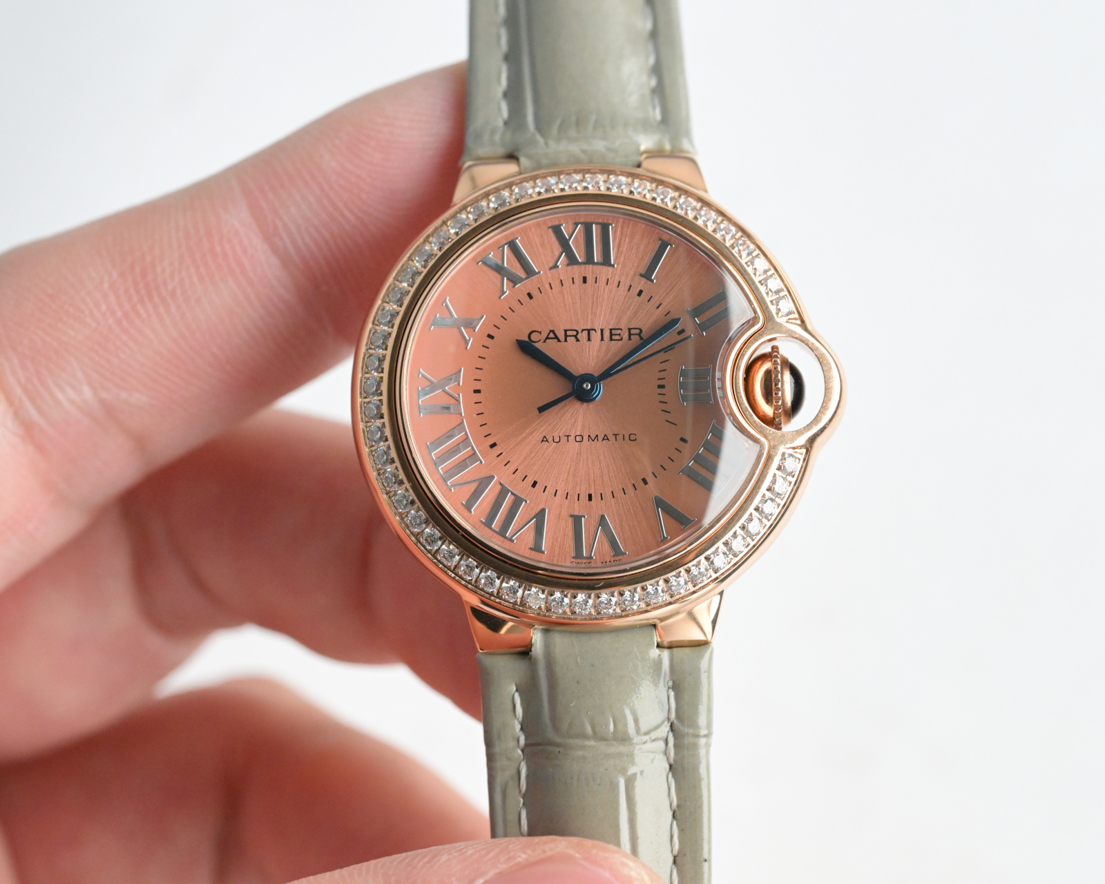 Cartier Ballon Bleu de Cartier rose gold case, diamond bezel, silver dial, red leather strap 33mm Women's Automatic