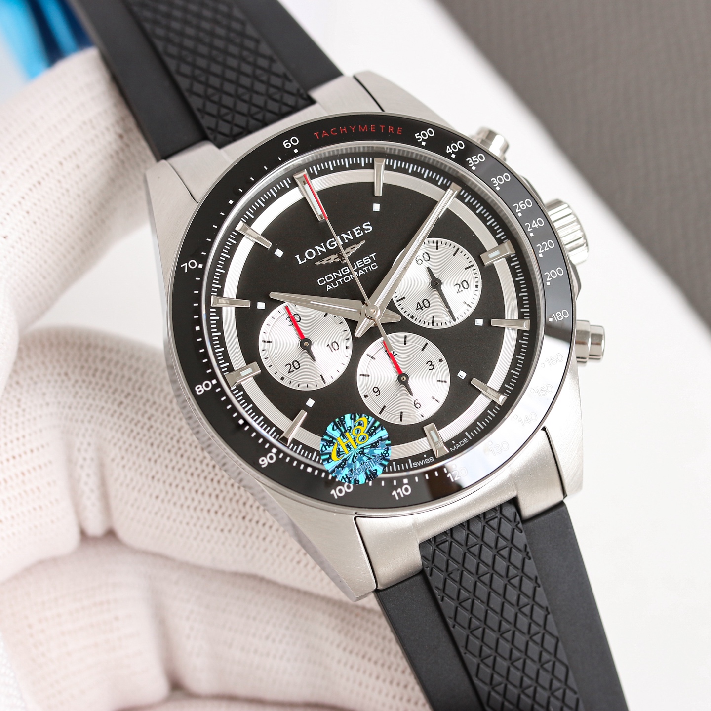 Longines Conquest Chronograph L3.835.4.32.6 stainless steel case and bracelet, black tachymeter bezel, champagne dial with black subdials 42mm Men's Automatic