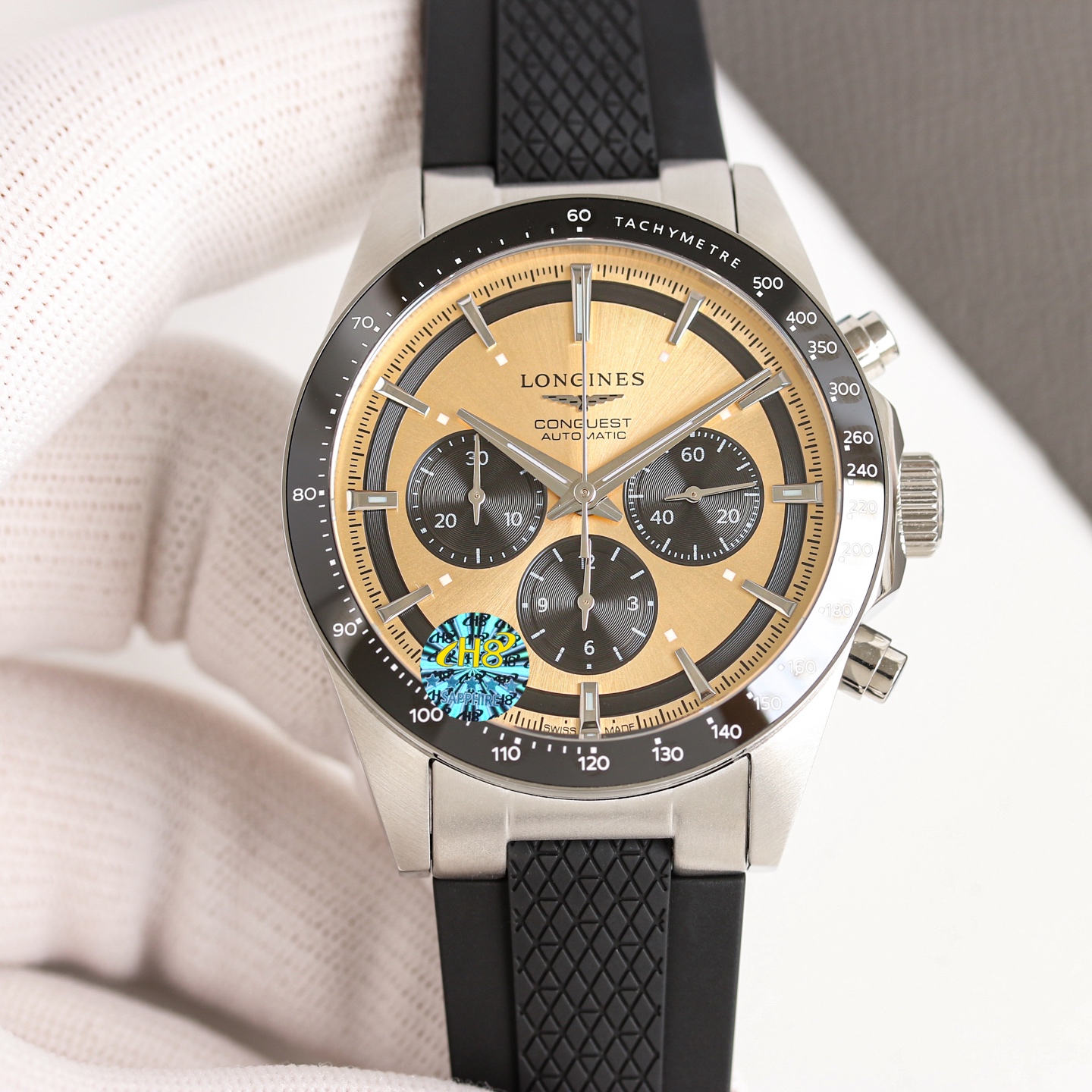 Longines Conquest Chronograph L3.835.4.32.6 stainless steel case and bracelet, black tachymeter bezel, champagne dial with black subdials 42mm Men's Automatic
