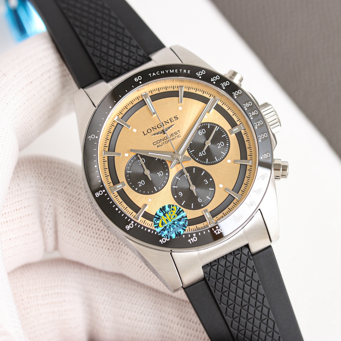 Longines Conquest Chronograph L3.835.4.32.6 stainless steel case and bracelet, black tachymeter bezel, champagne dial with black subdials 42mm Men's Automatic