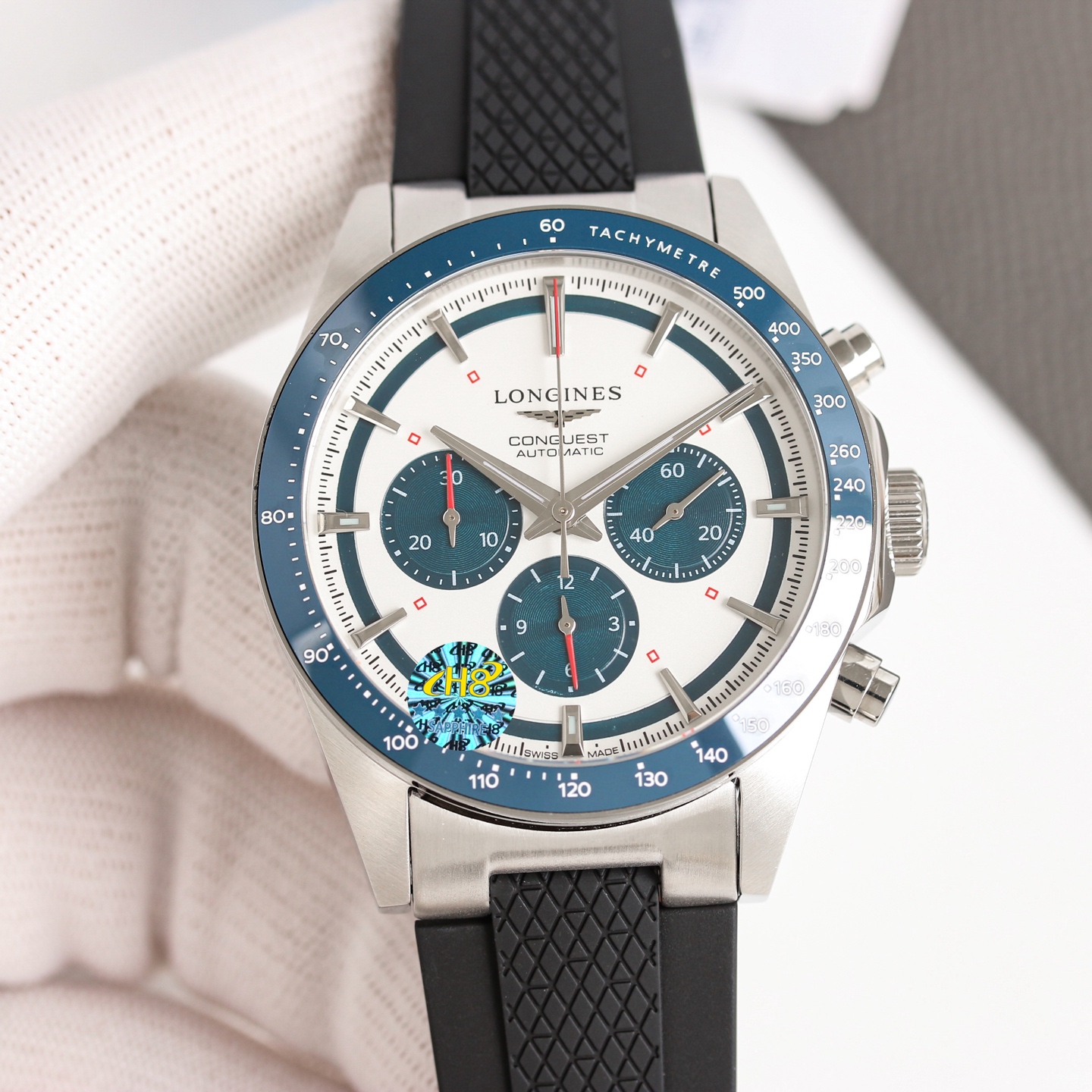 Longines Conquest silver case, black tachymeter bezel, silver dial, stainless steel bracelet 42mm Men's Automatic