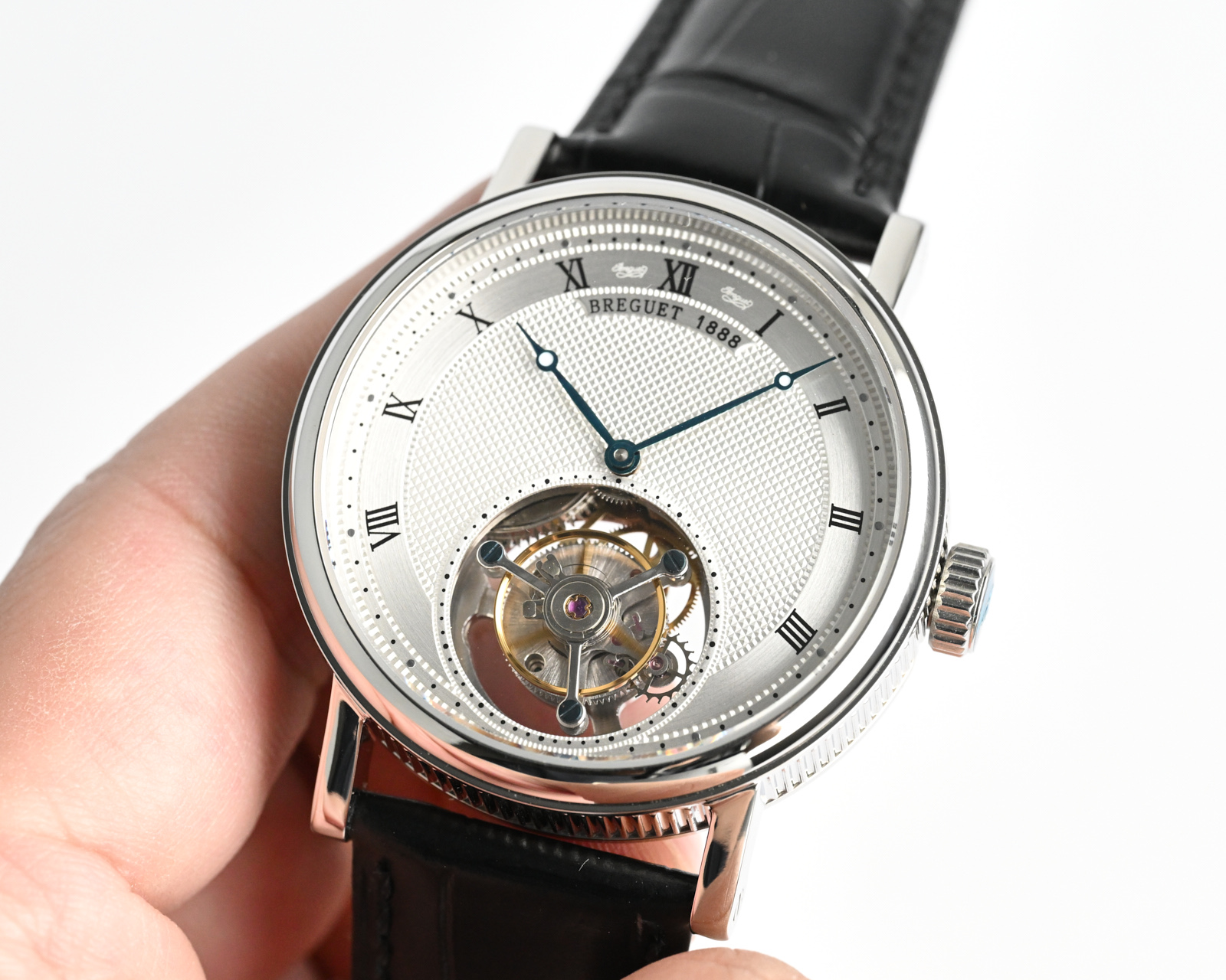 Breguet Classique Tourbillon Extra-Plat 5377 white gold case, silver guilloche dial, black leather strap 42mm Men's Automatic
