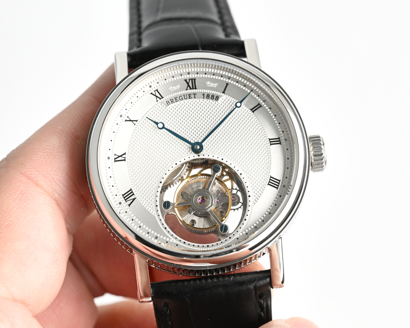 Breguet Classique Tourbillon Extra-Plat 5377 white gold case, silver guilloche dial, black leather strap 42mm Men's Automatic
