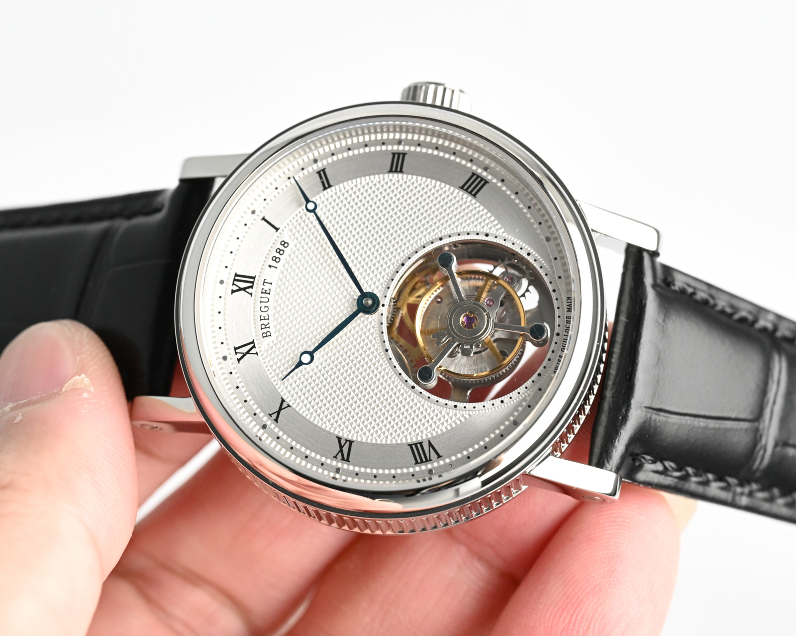 Breguet Classique Tourbillon Extra-Plat 5377 white gold case, silver guilloche dial, black leather strap 42mm Men's Automatic