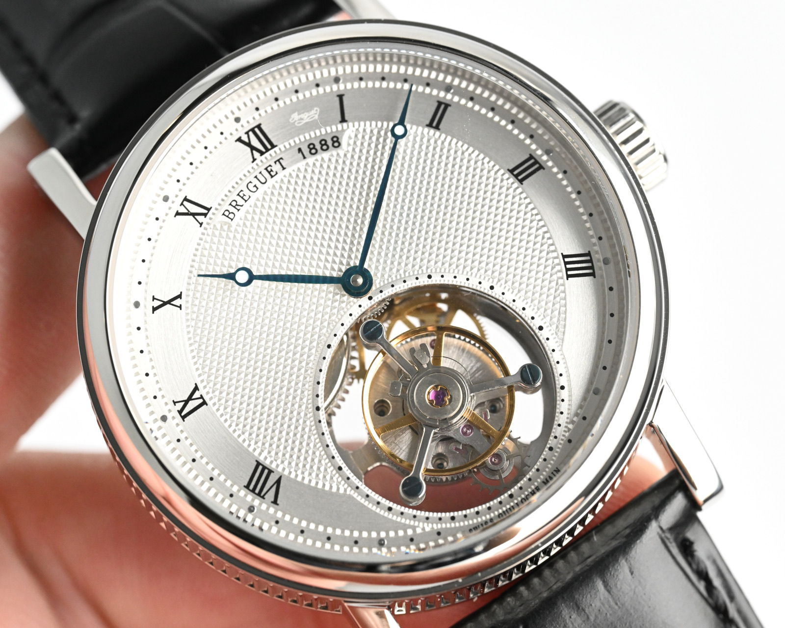 Breguet Classique Tourbillon Extra-Plat 5377 white gold case, silver guilloche dial, black leather strap 42mm Men's Automatic