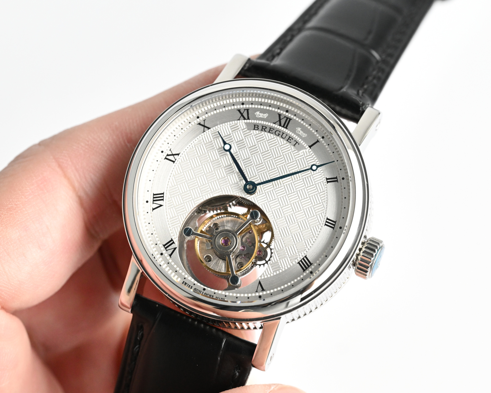 Breguet Classique Tourbillon silver case, silver dial, black leather strap 39mm Men's Manual Wind