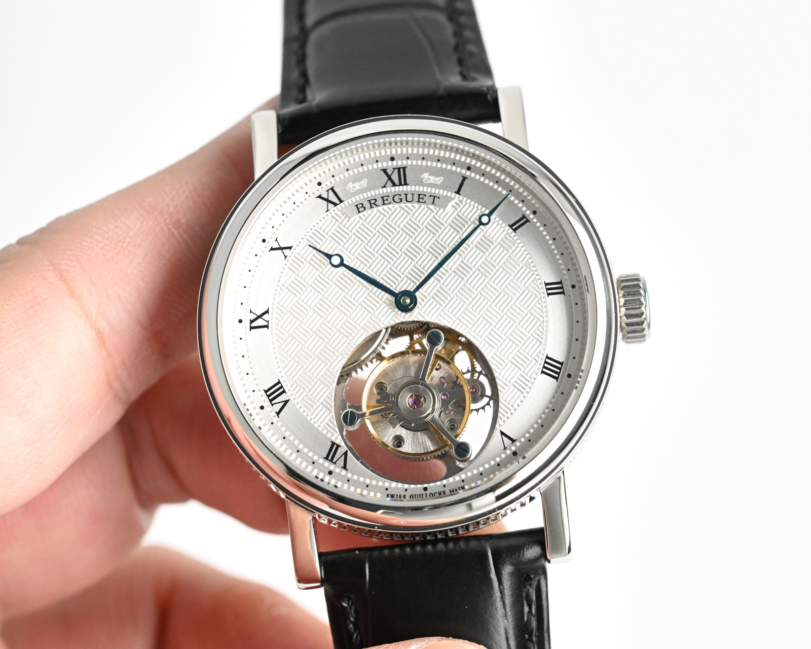 Breguet Classique Tourbillon silver case, silver dial, black leather strap 39mm Men's Manual Wind