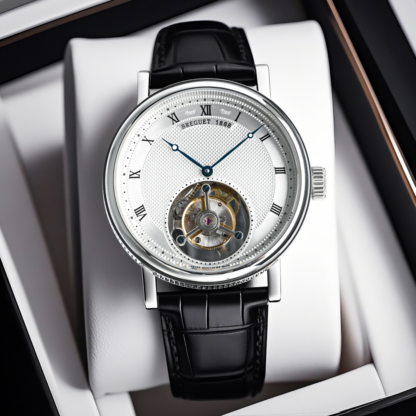 Breguet Classique Tourbillon silver case, silver guilloche dial, black strap 40mm Men's Manual Wind