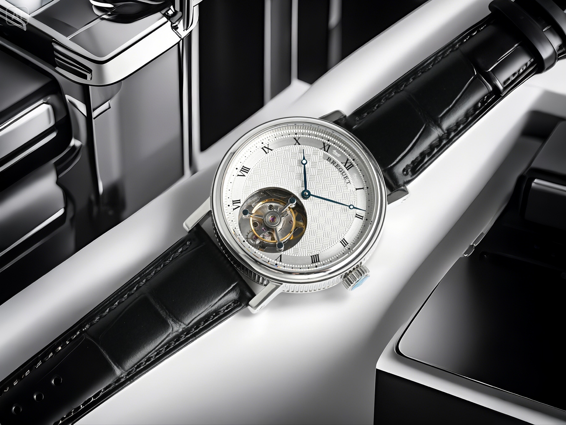 Breguet Classique Tourbillon silver case, silver guilloche dial, black strap 40mm Men's Manual Wind