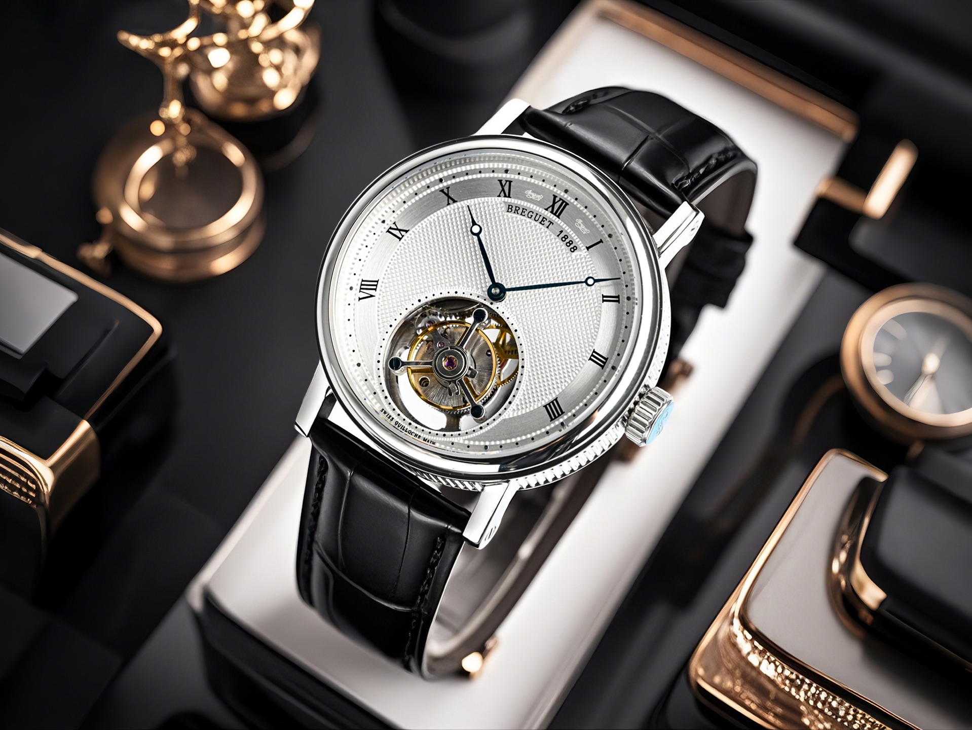 Breguet Classique Tourbillon silver case, silver guilloche dial, black strap 40mm Men's Manual Wind