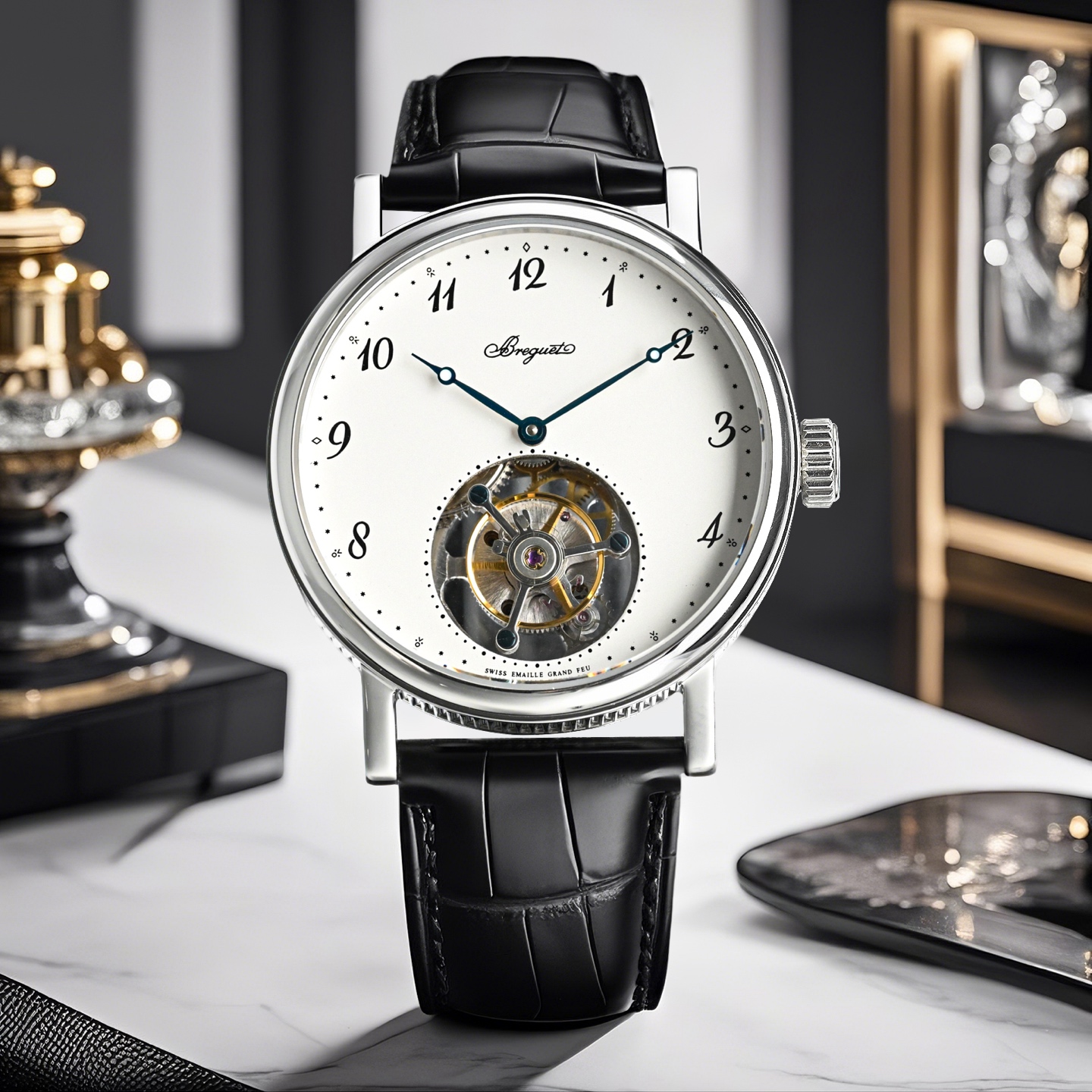 Breguet Classique Tourbillon silver case, silver guilloche dial, black strap 40mm Men's Manual Wind