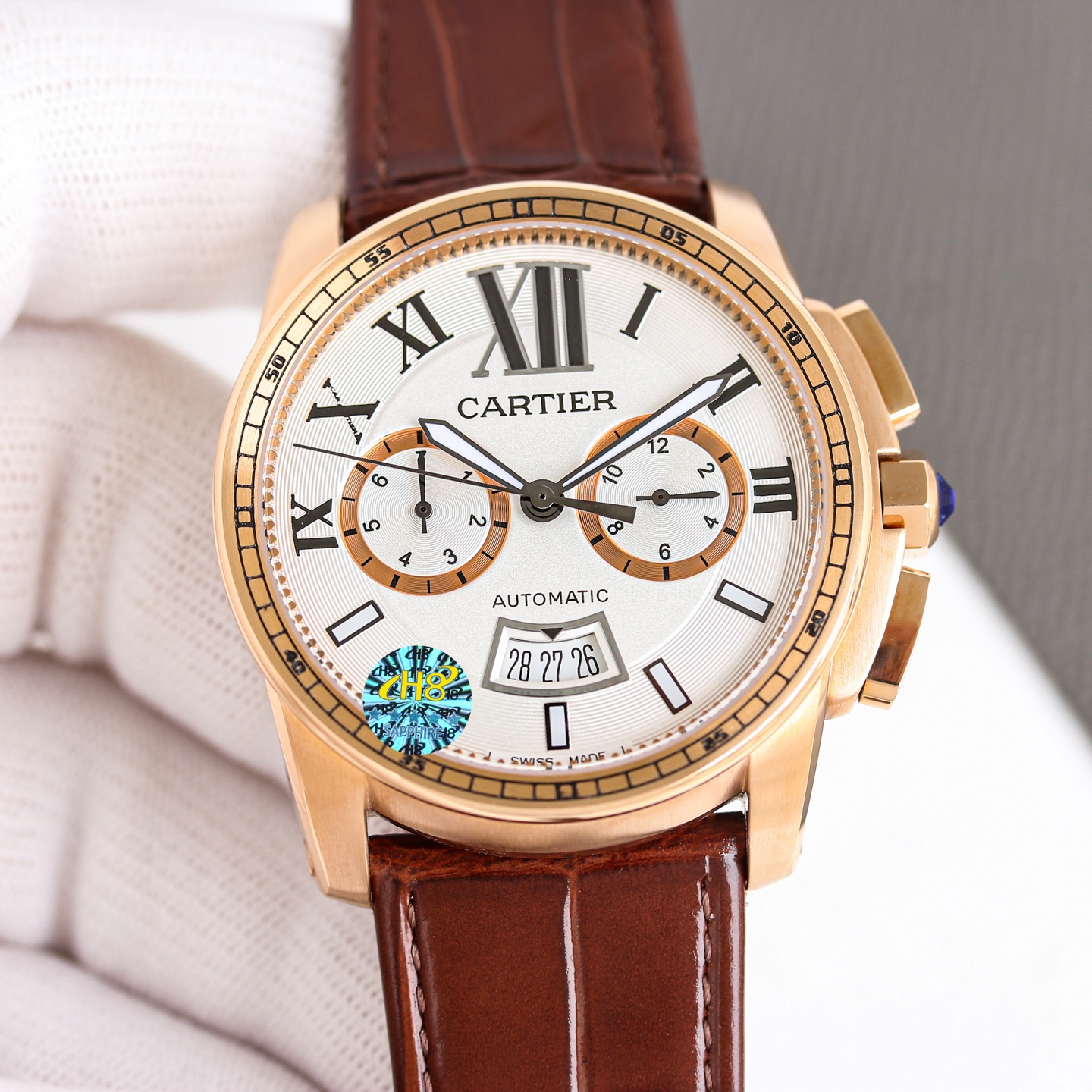 Cartier Calibre de Cartier Chronograph W7100043 steel and rose gold case, silver dial, brown leather strap 42mm Men's Automatic
