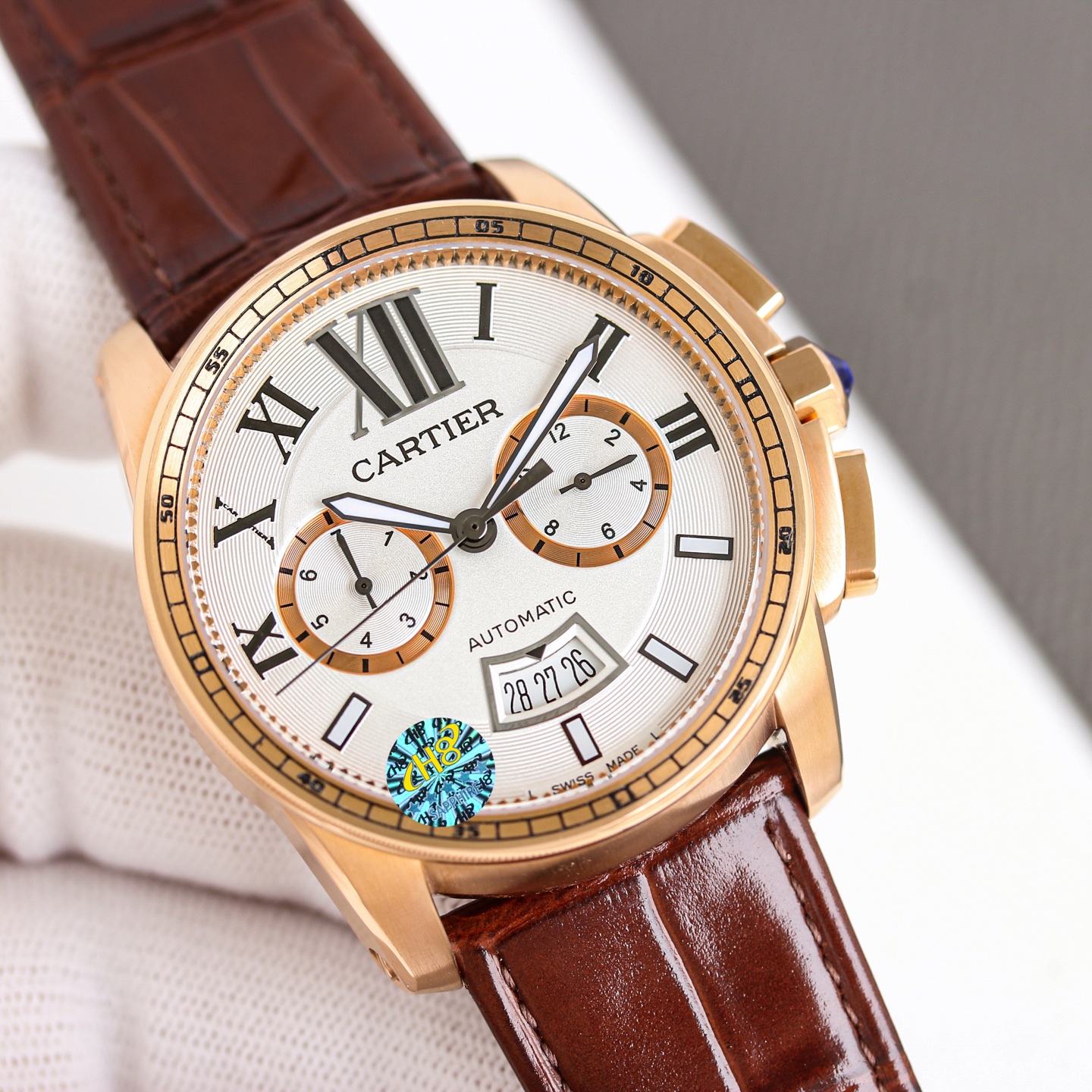 Cartier Calibre de Cartier Chronograph W7100043 steel and rose gold case, silver dial, brown leather strap 42mm Men's Automatic