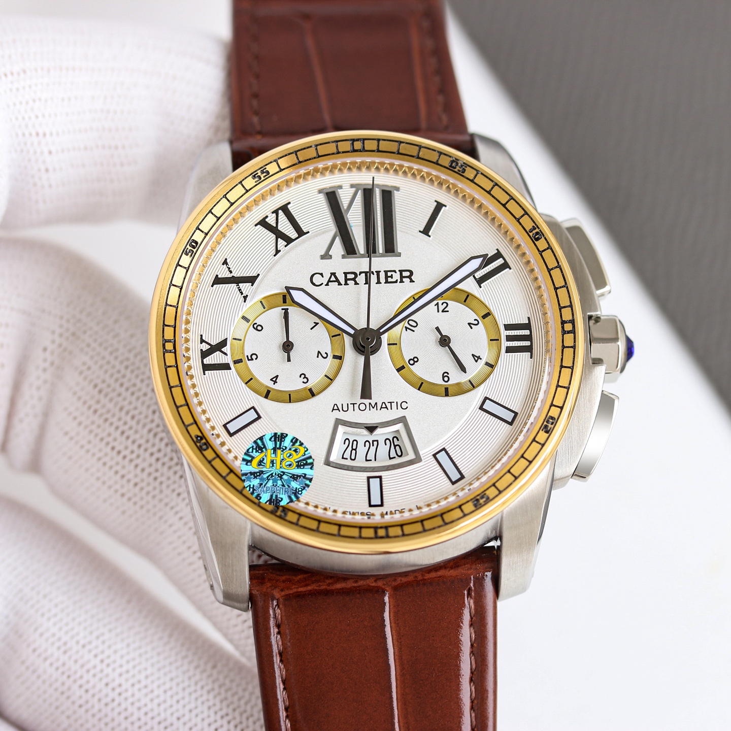 Cartier Calibre de Cartier Chronograph W7100044 rose gold case, silver dial, brown leather strap 42mm Men's Automatic
