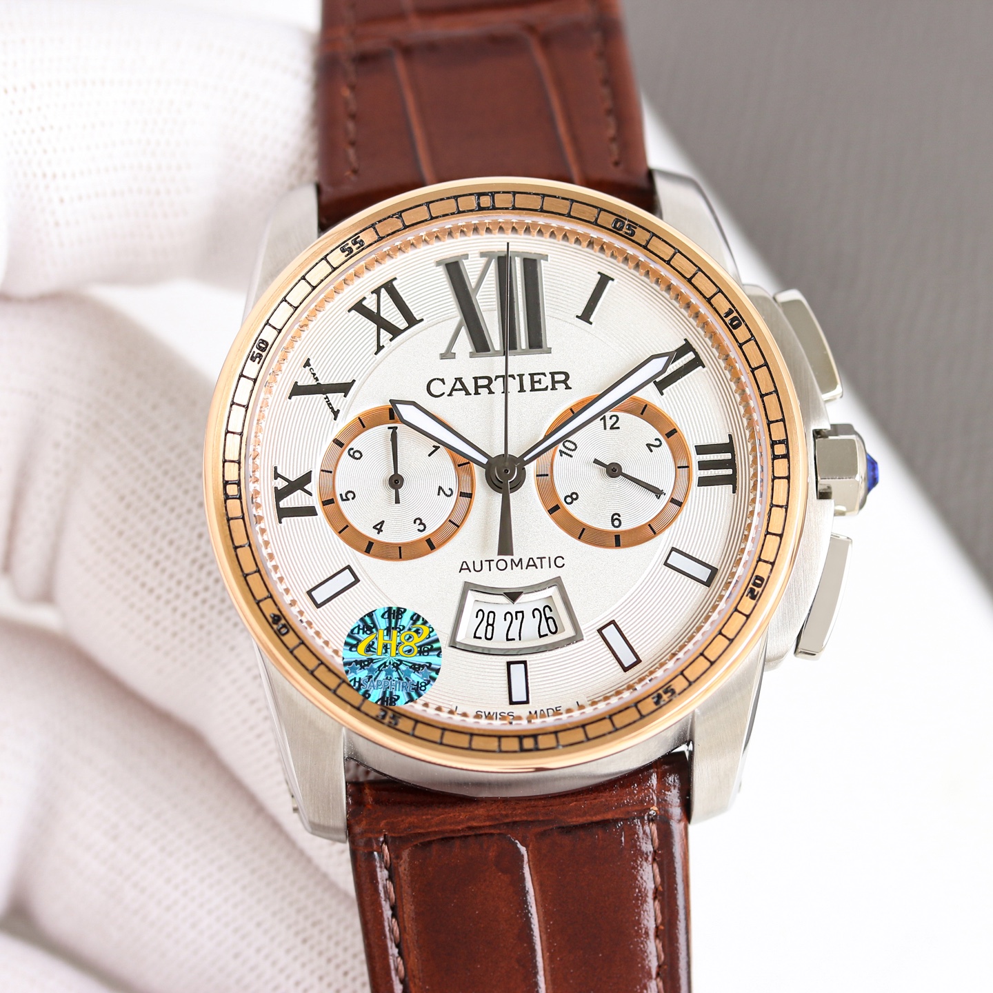 Cartier Calibre de Cartier Chronograph W7100044 rose gold case, silver dial, brown leather strap 42mm Men's Automatic