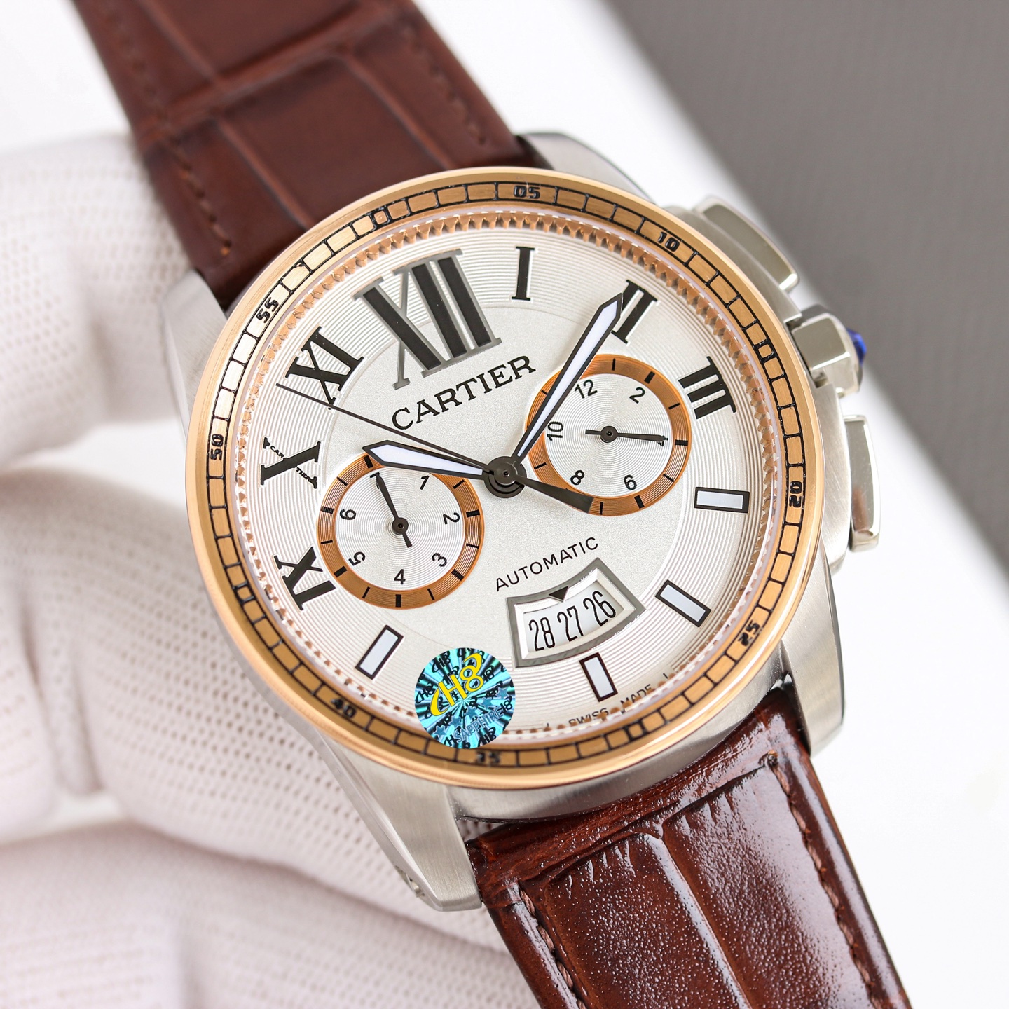 Cartier Calibre de Cartier Chronograph W7100044 rose gold case, silver dial, brown leather strap 42mm Men's Automatic
