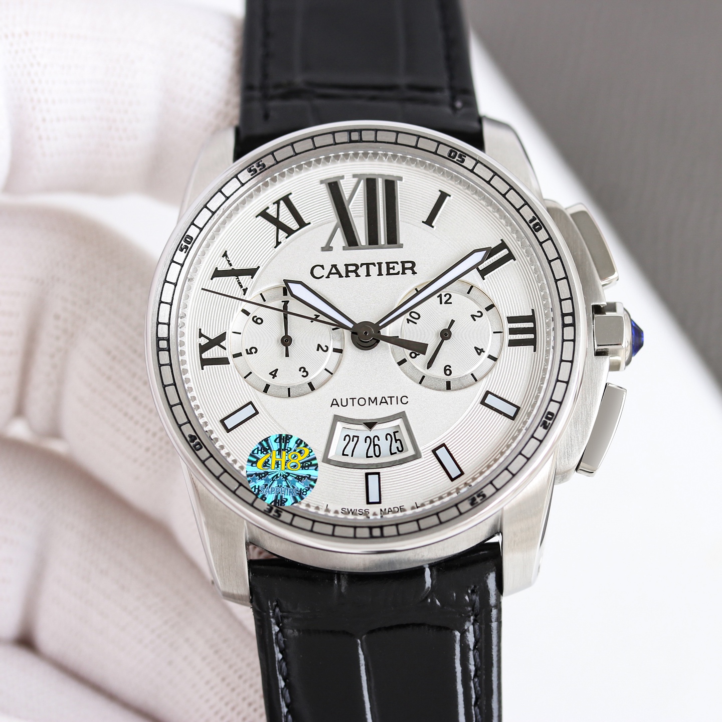 Cartier Calibre de Cartier Chronograph W7100060 stainless steel case and bezel, black dial, black leather strap 42mm Men's Automatic