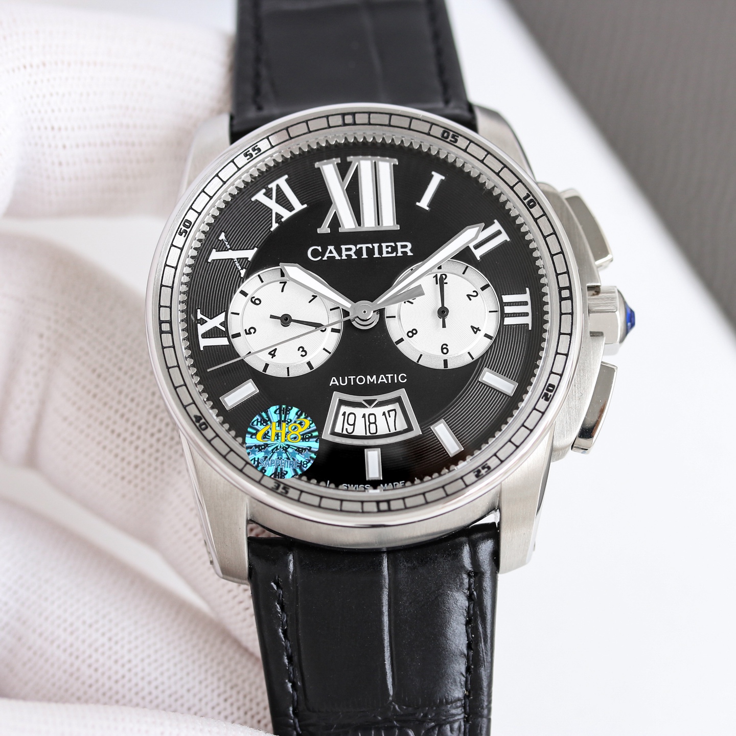 Cartier Calibre de Cartier Chronograph W7100060 stainless steel case and bezel, black dial, black leather strap 42mm Men's Automatic