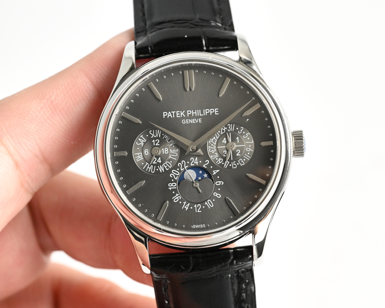 Patek Philippe Complications Annual Calendar Moon Phase Silver case, dark blue dial, blue leather strap 40mm Men's Automatic