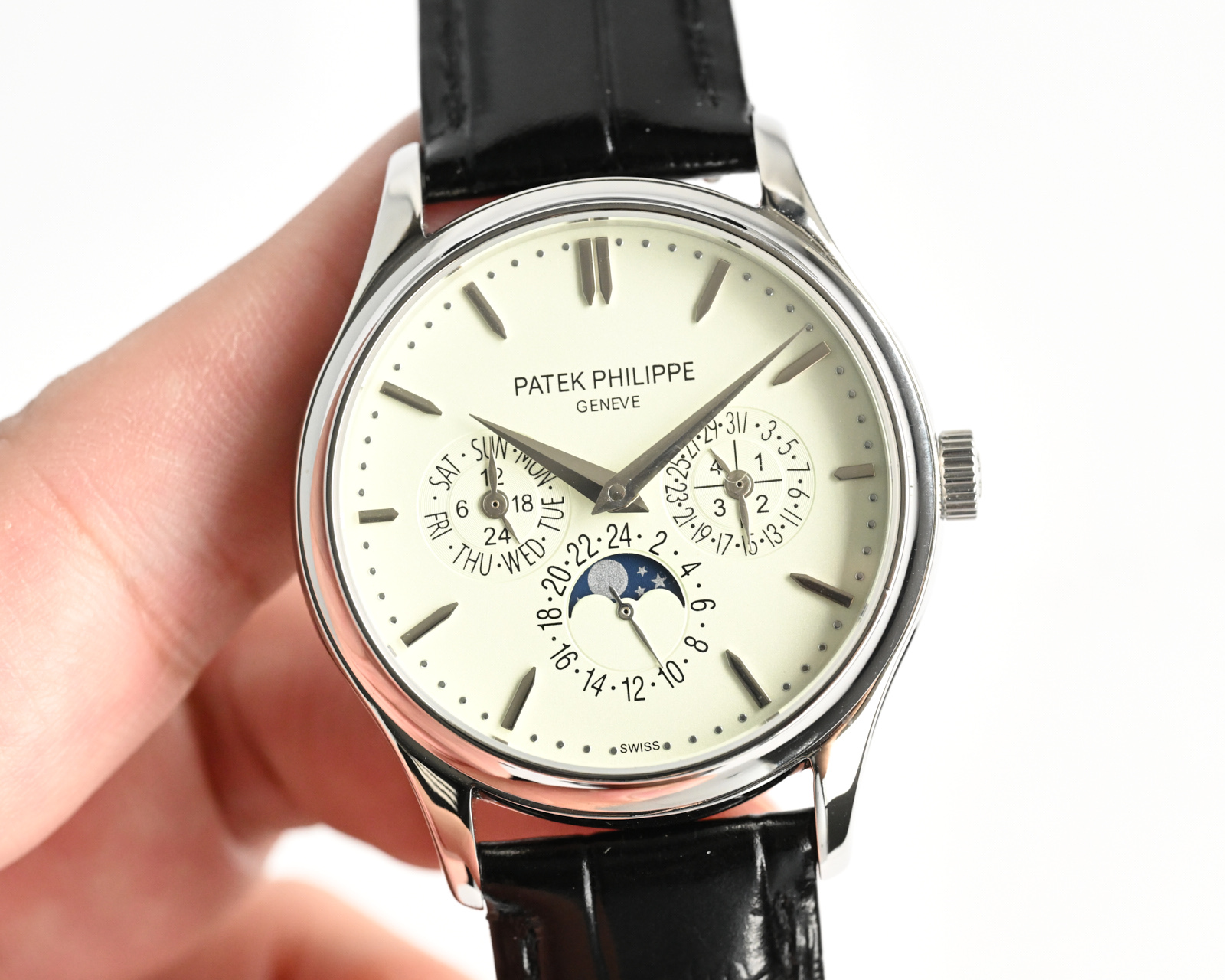 Patek Philippe Complications Annual Calendar Moon Phase Silver case, dark blue dial, blue leather strap 40mm Men's Automatic