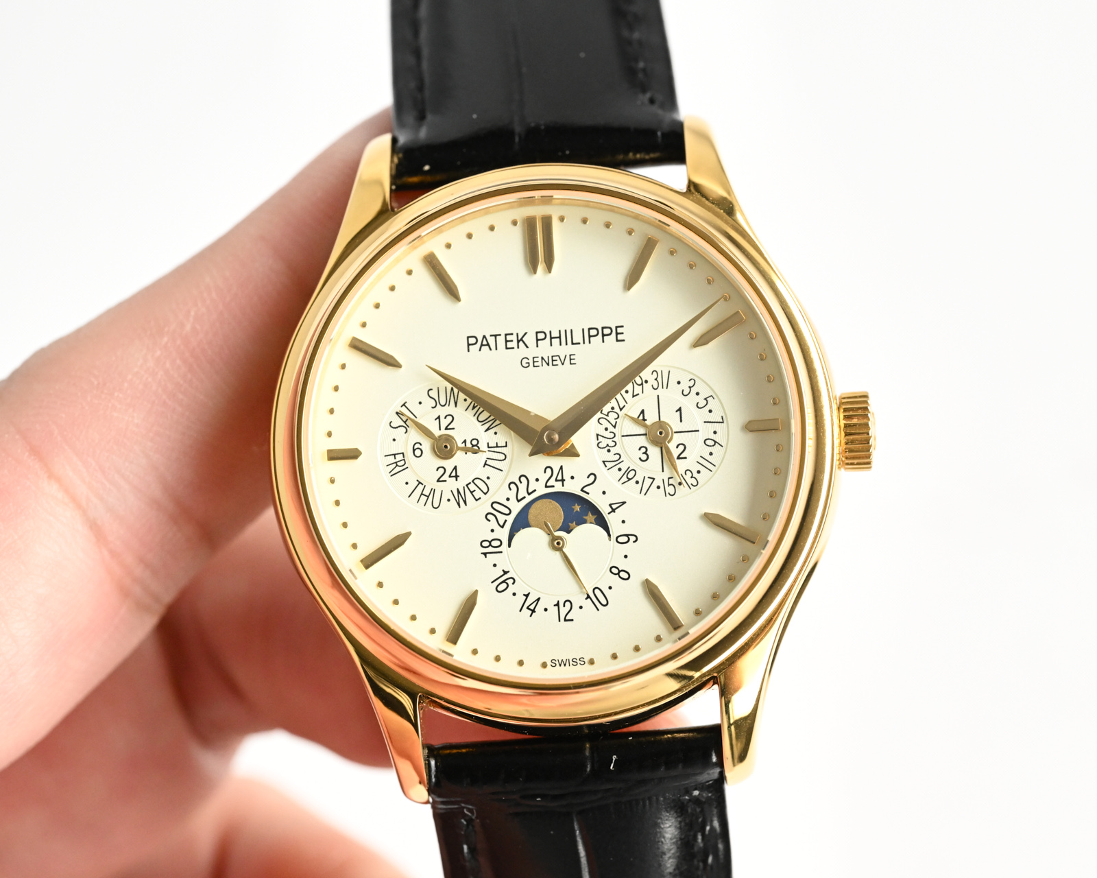 Patek Philippe Complications Annual Calendar Moon Phase Silver case, dark blue dial, blue leather strap 40mm Men's Automatic