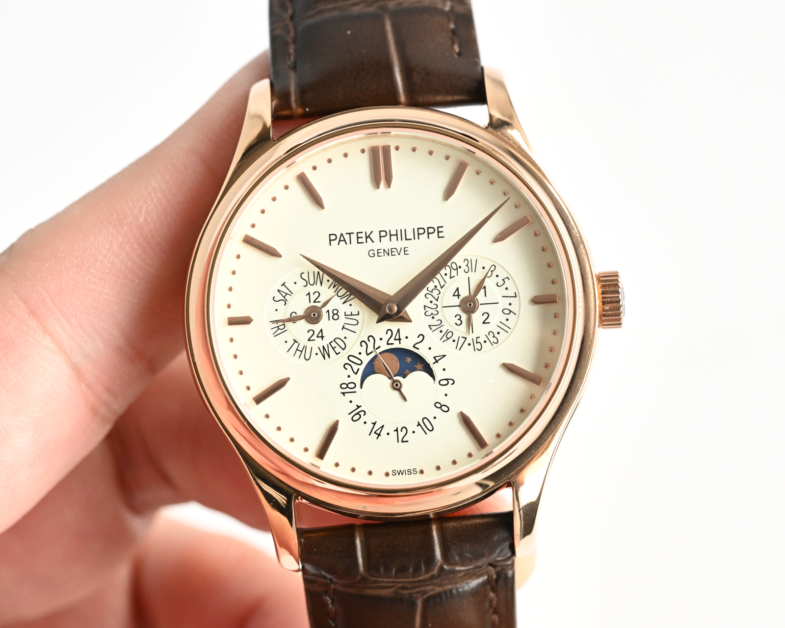 Patek Philippe Complications Annual Calendar Moon Phase Silver case, dark blue dial, blue leather strap 40mm Men's Automatic
