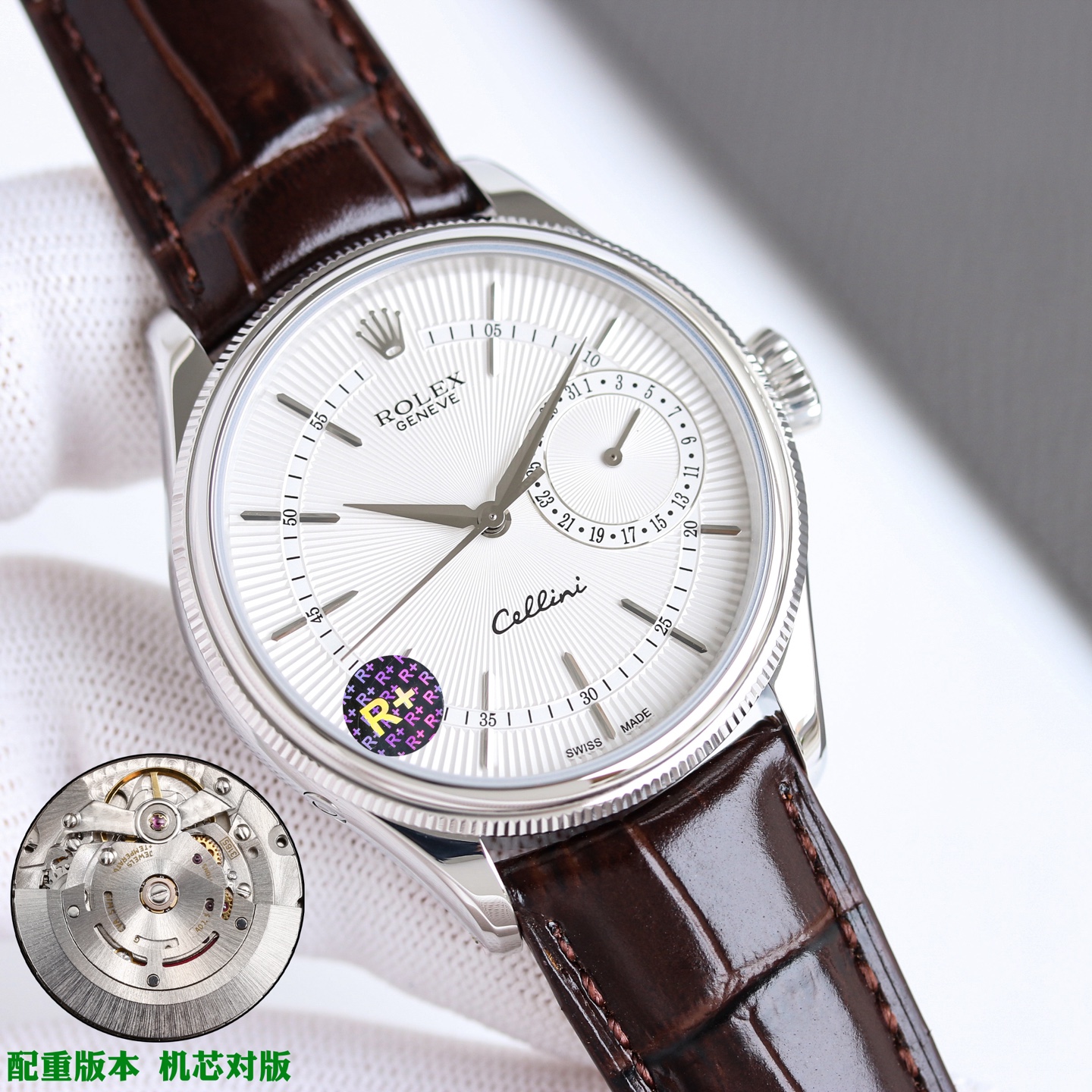 NO:336182,R+ Factory Counterweight Rolex Celini Calendar Type Size 39m / 12m Movement, equipped with a custom-made integrated movement, a large rod-shaped three-pin paired with a calendar pointer, and the function is the same as the original version!  Case, 316L stainless steel, synchronous original top-grade electroplated platinum and rose gold anti-oxidation protection. Literal, engraving radiation pattern technology, and super three-dimensional texture!  Strap + buttons, top-level all-inclusive crafts Italian calfskin strap with original K gold steel stamp folding buckle,,, cowhide19860909R+ Factory 克配重版 Rolex切利尼日历型 尺寸 39m / 12m 机芯,搭载定制版一体机芯,棒状大三针搭配日历指针,功能同原版一致！ 表壳, 316L精钢,同步原装顶级电镀白金及玫瑰金抗氧化保护 字面,雕刻放射纹工艺,纹理立体感超强！ 表带+扣子,顶级全包边工艺意大利小牛皮表带搭配原版K金钢印折叠扣,,,cowhide,Watch