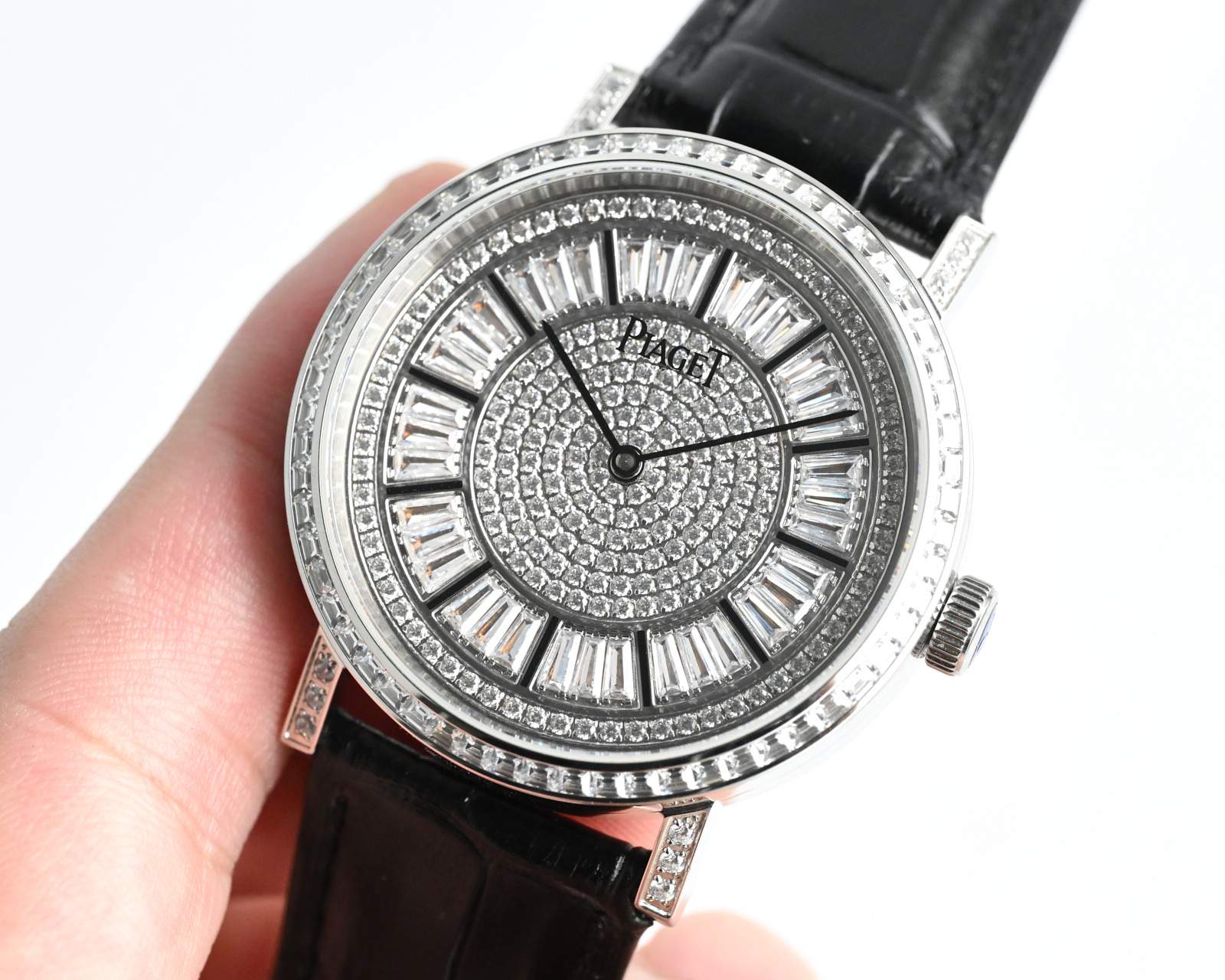 Piaget Altiplano High Jewellery white gold diamond-set case and bezel, pavé diamond dial, black leather strap 41mm Men's Quartz